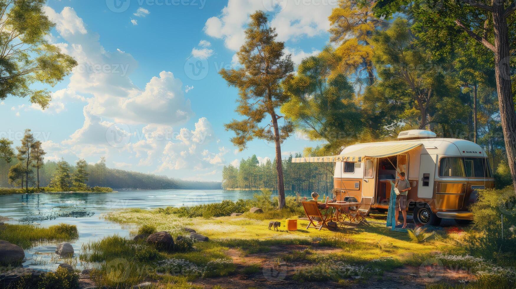 An rv parked near a river and trees photo