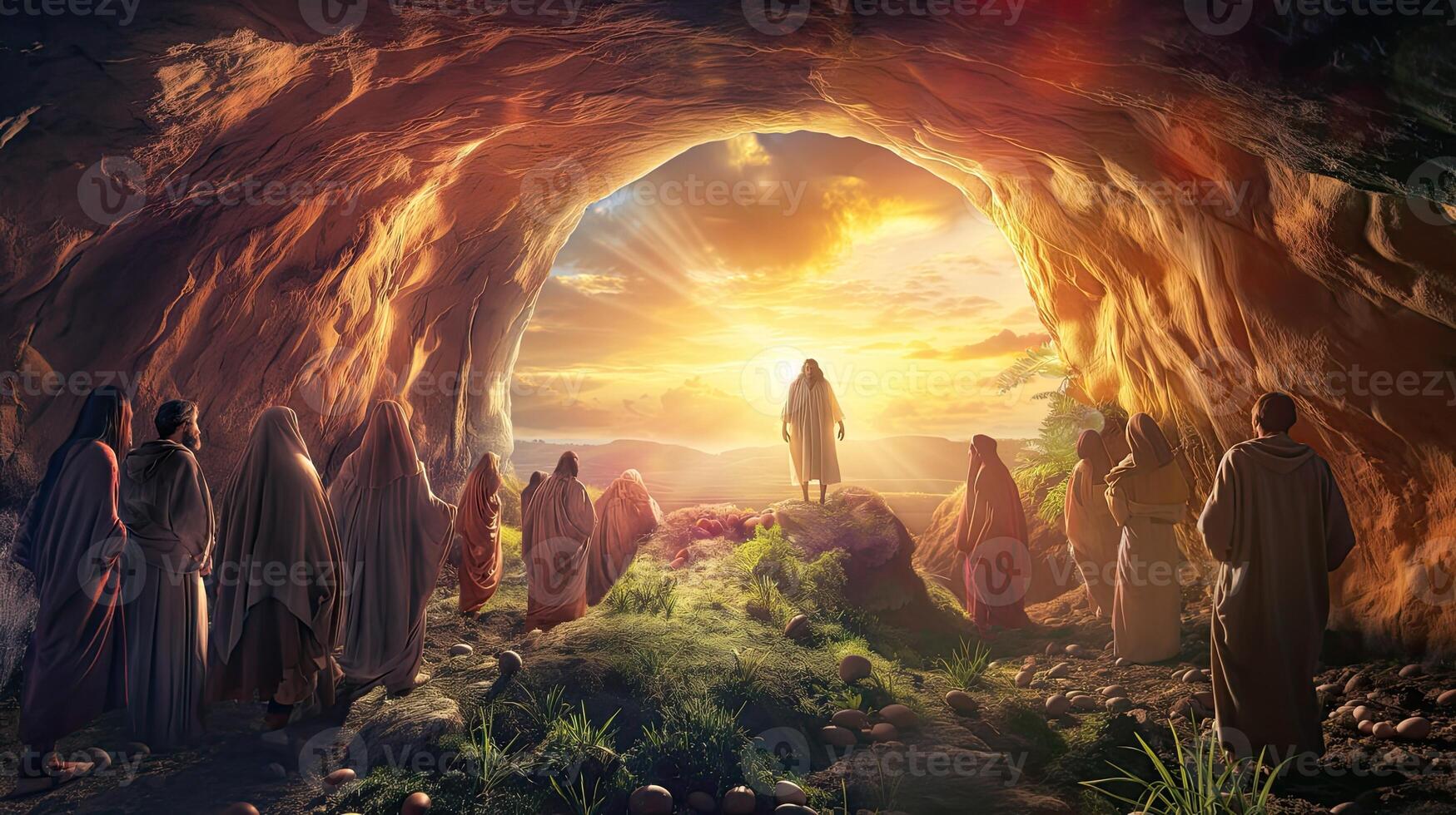 Jesus standing in the middle of a cave with people standing around him photo
