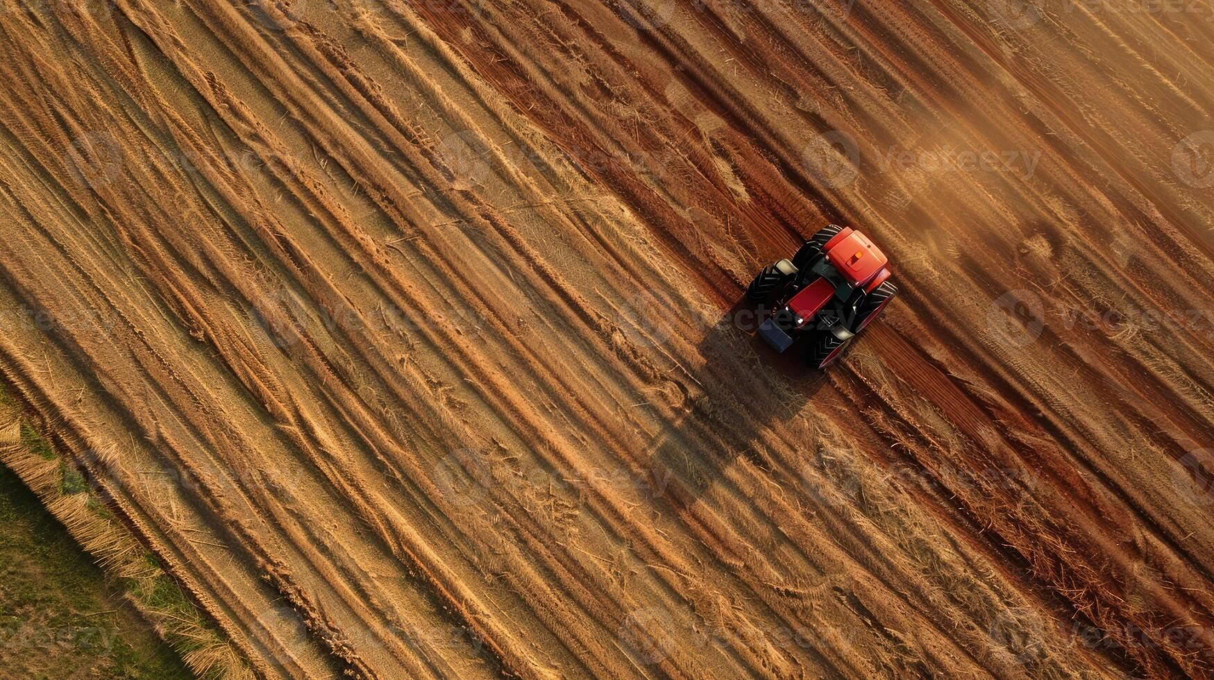 Aerial view of tractor plowing field photo