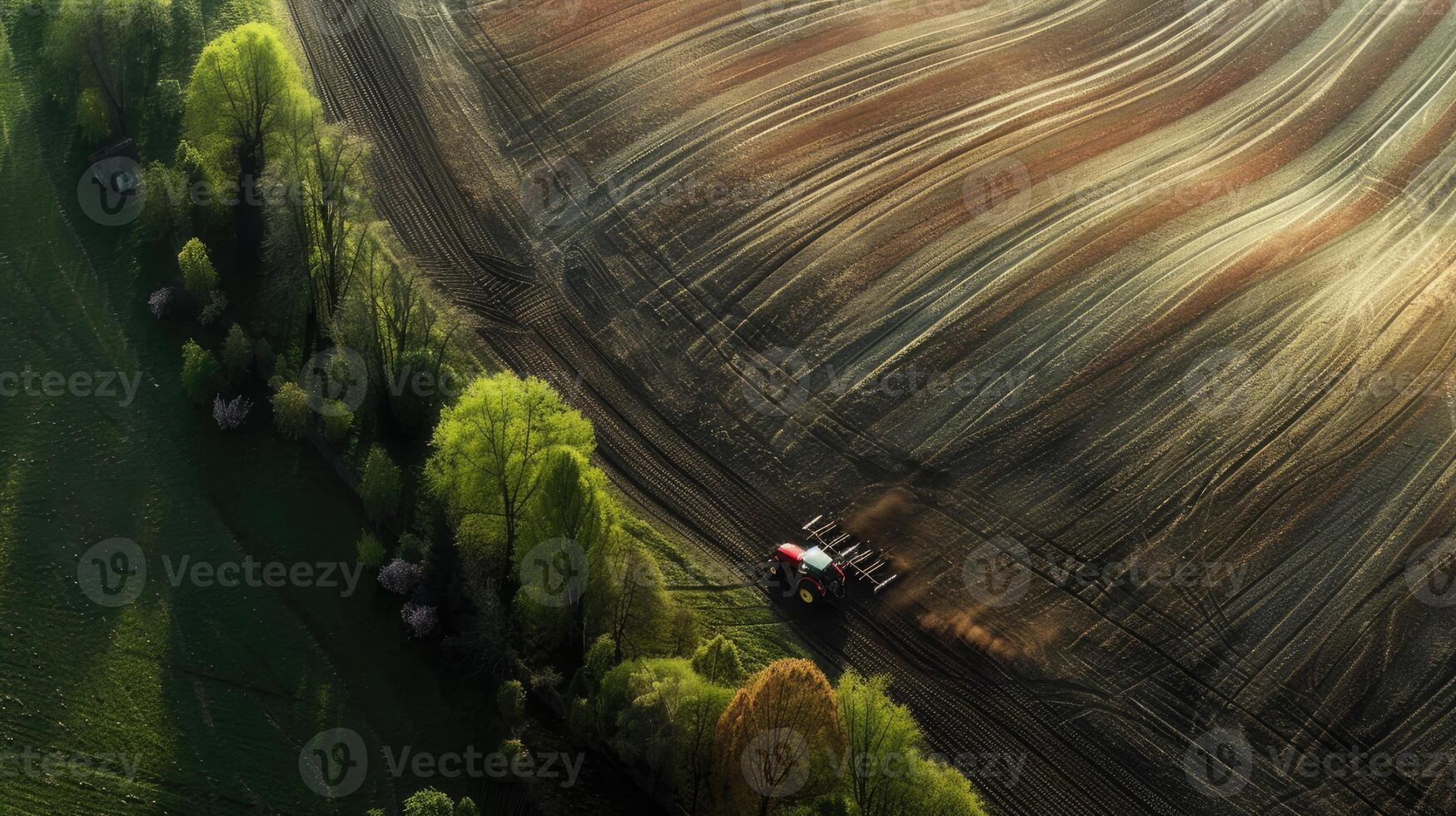 Aerial view of tractor plowing field photo