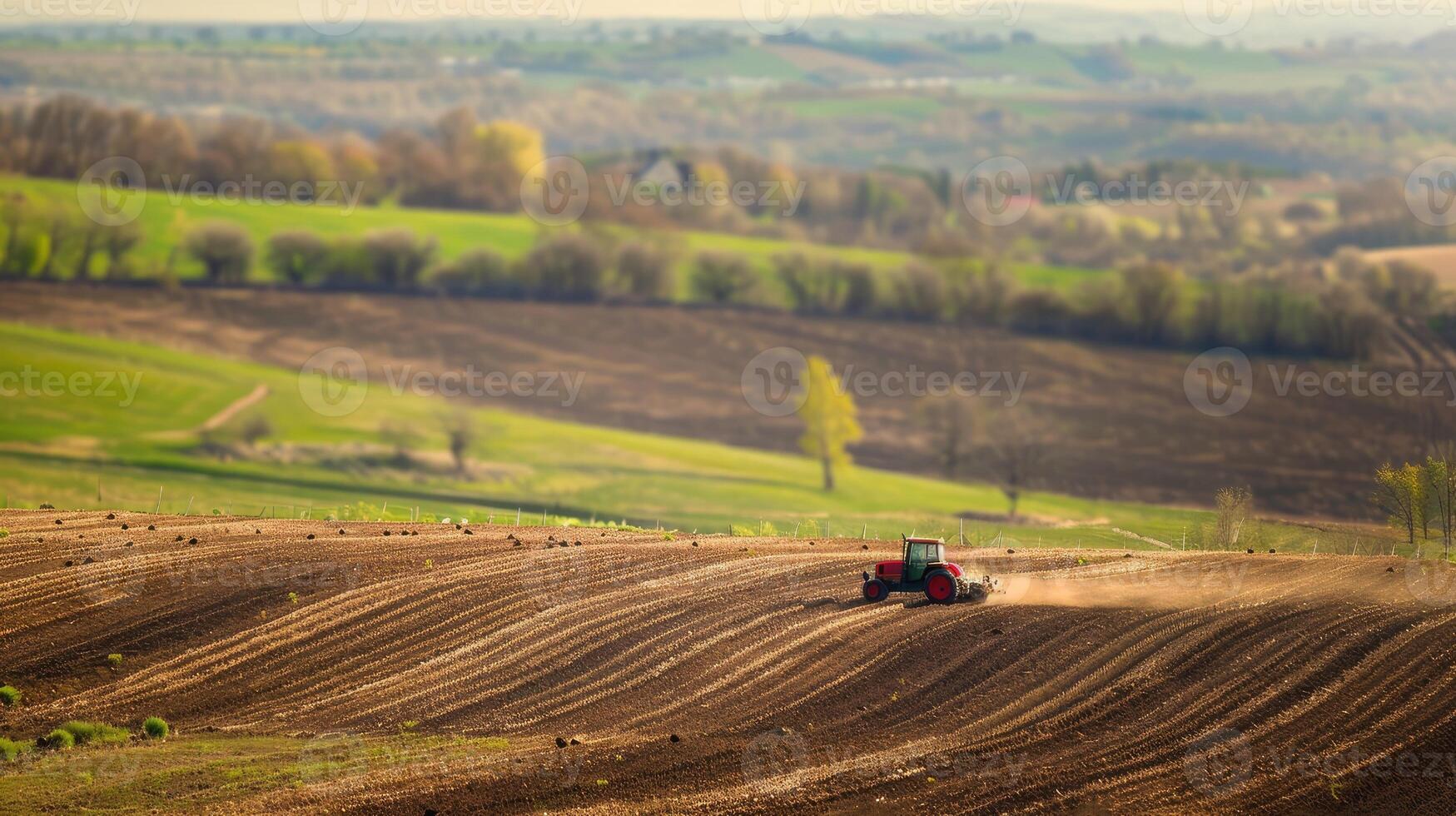 Tractor plowing field in countryside photo