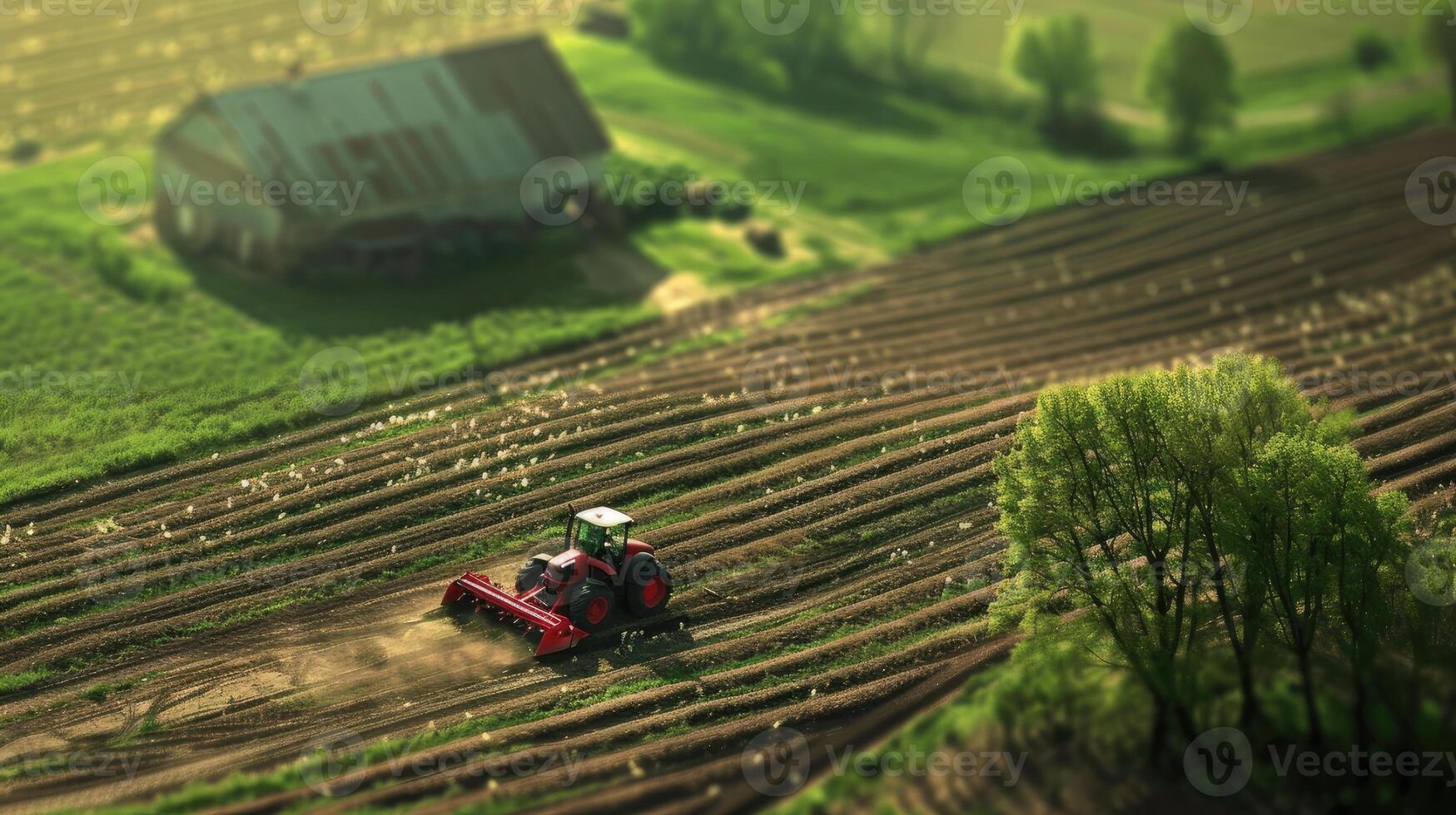A tractor is working in a field near a barn photo