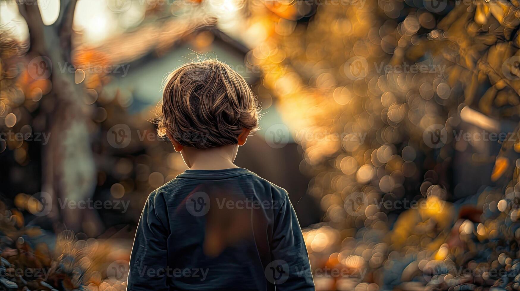A young boy standing in the middle of a field photo
