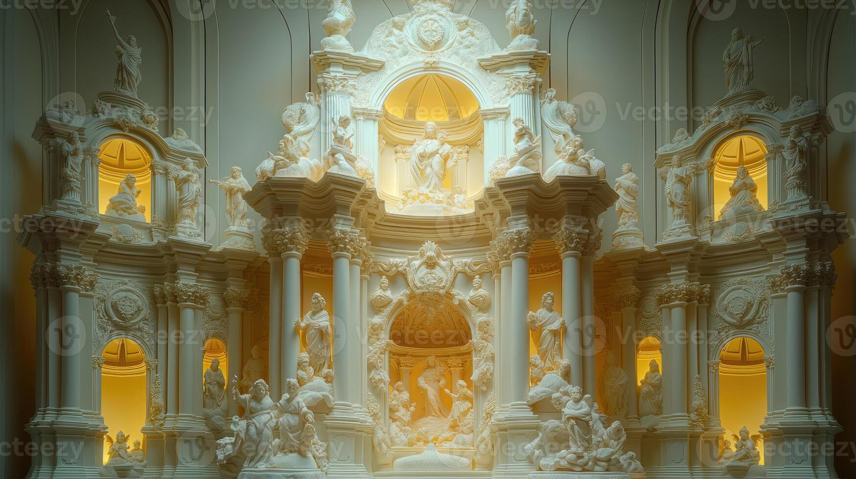 A large white altar with statues and lights photo