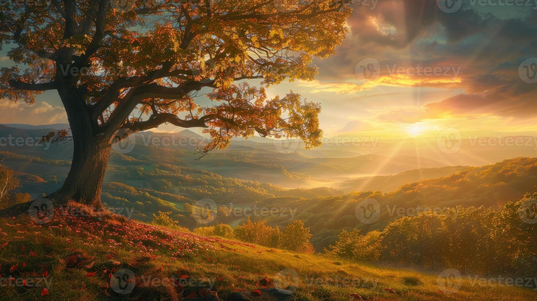 Beautiful autumn landscape with tree and sun in the sky photo