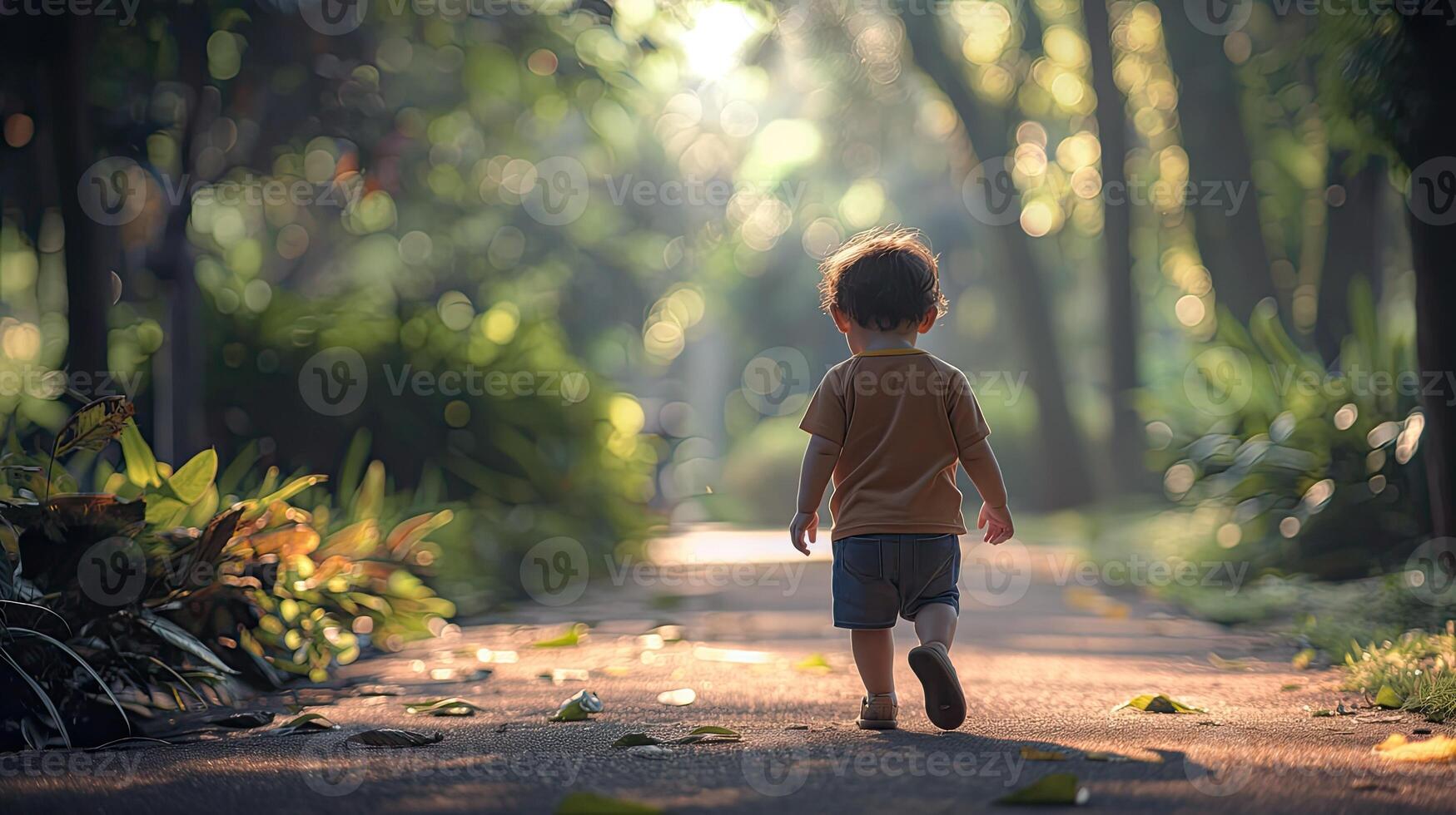 A young boy walking down a path in the woods photo