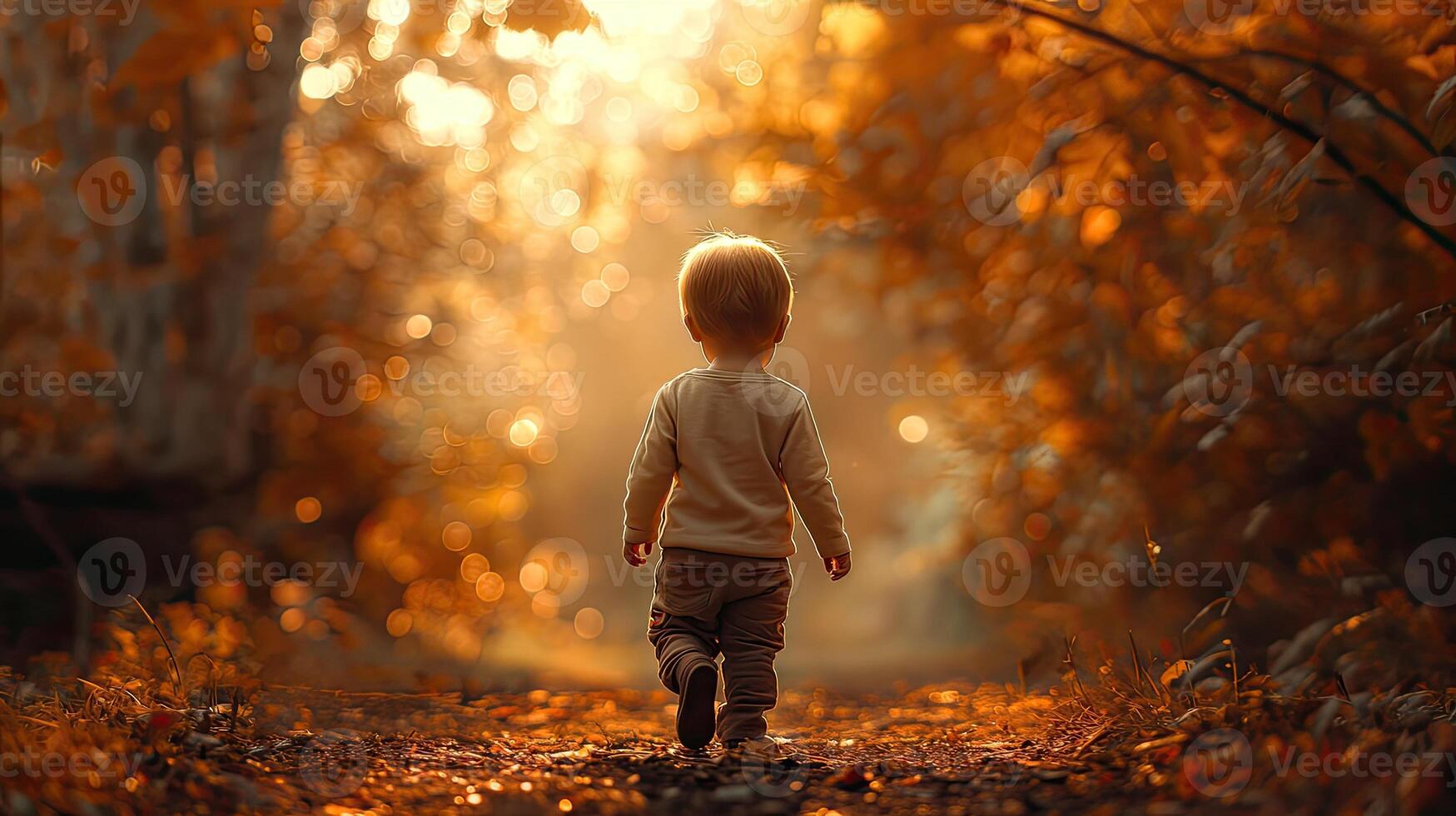 A young child walking through the woods at sunset photo