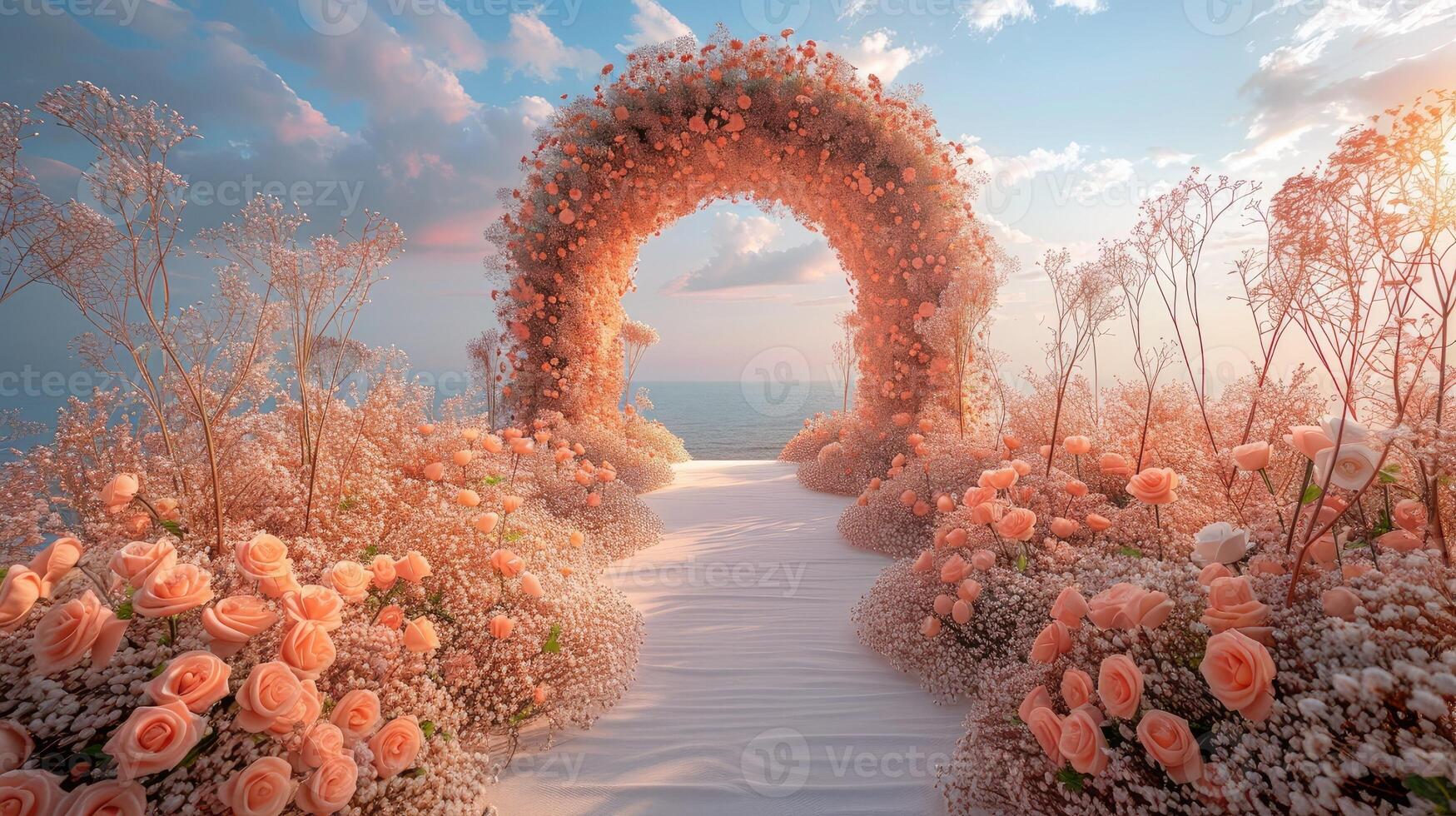 A pathway with flowers and an archway photo