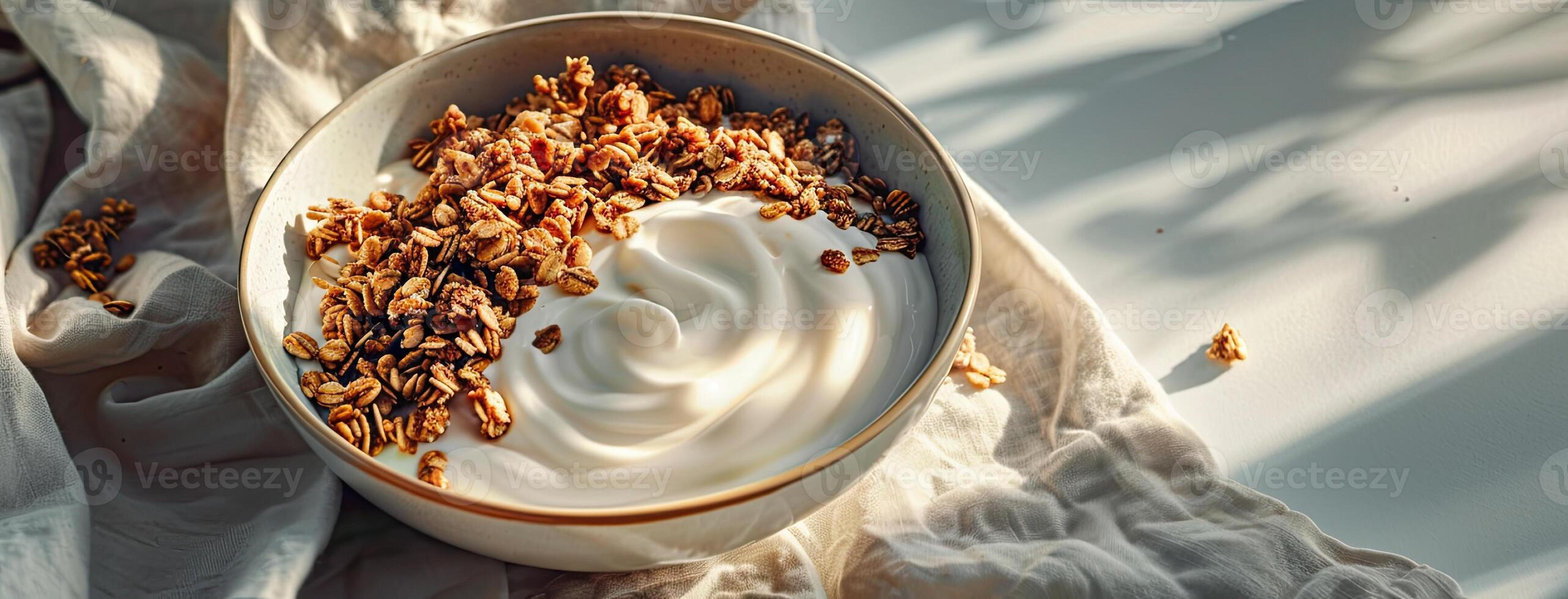 Yogurt with granola in a bowl photo