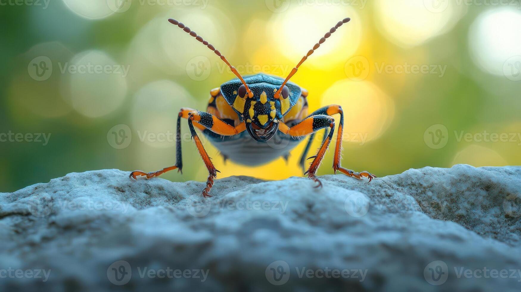 A close-up of a colorful insect on a rock photo