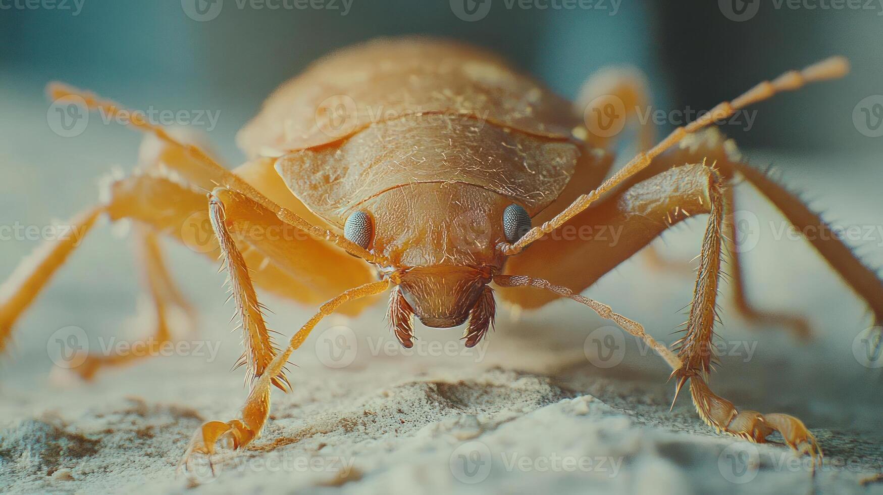 A close-up of an ant's face on sandy ground photo