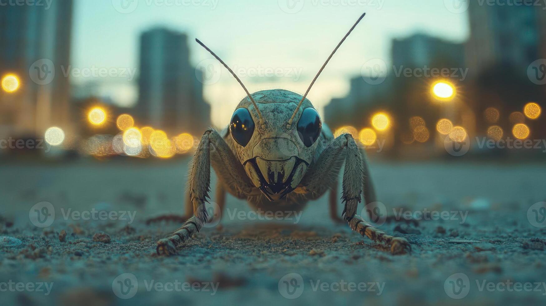 A close-up of a grasshopper on the ground at dusk photo