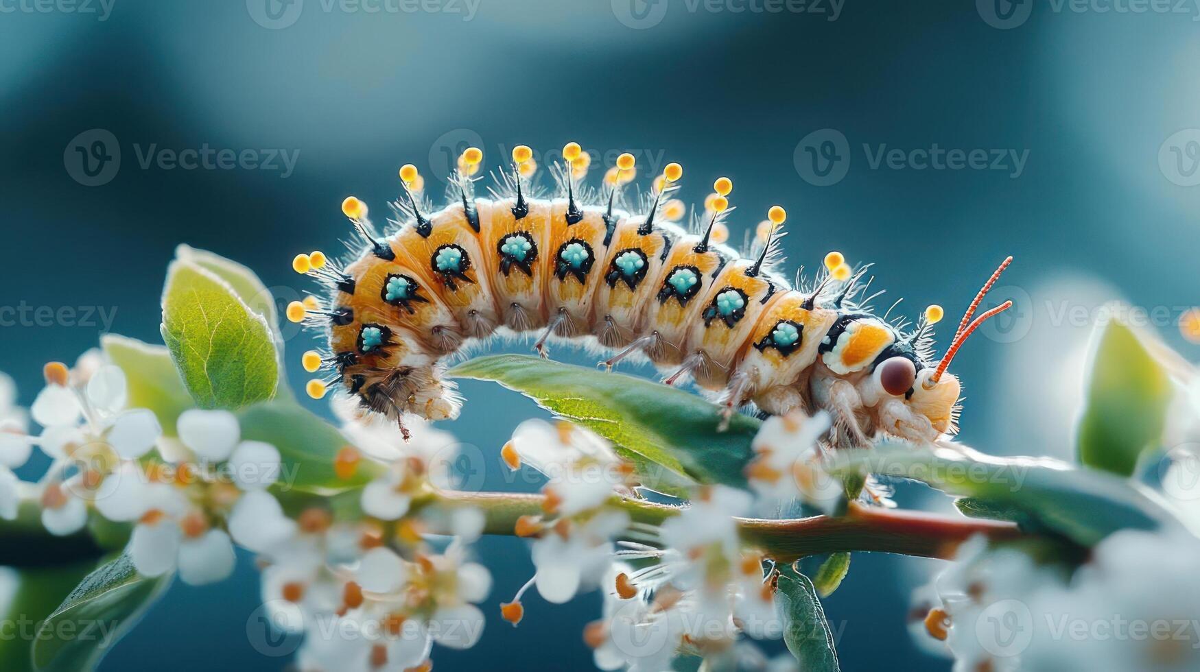 A caterpillar on a branch with flowers photo