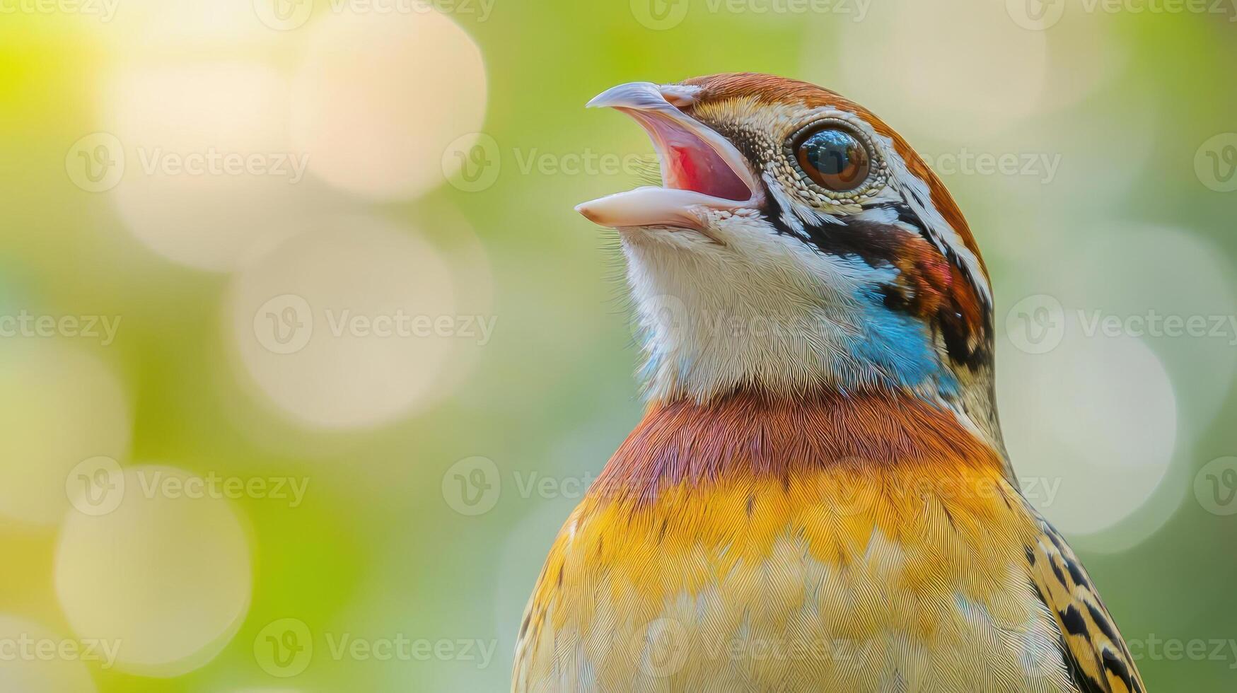 A colorful bird with its beak open photo