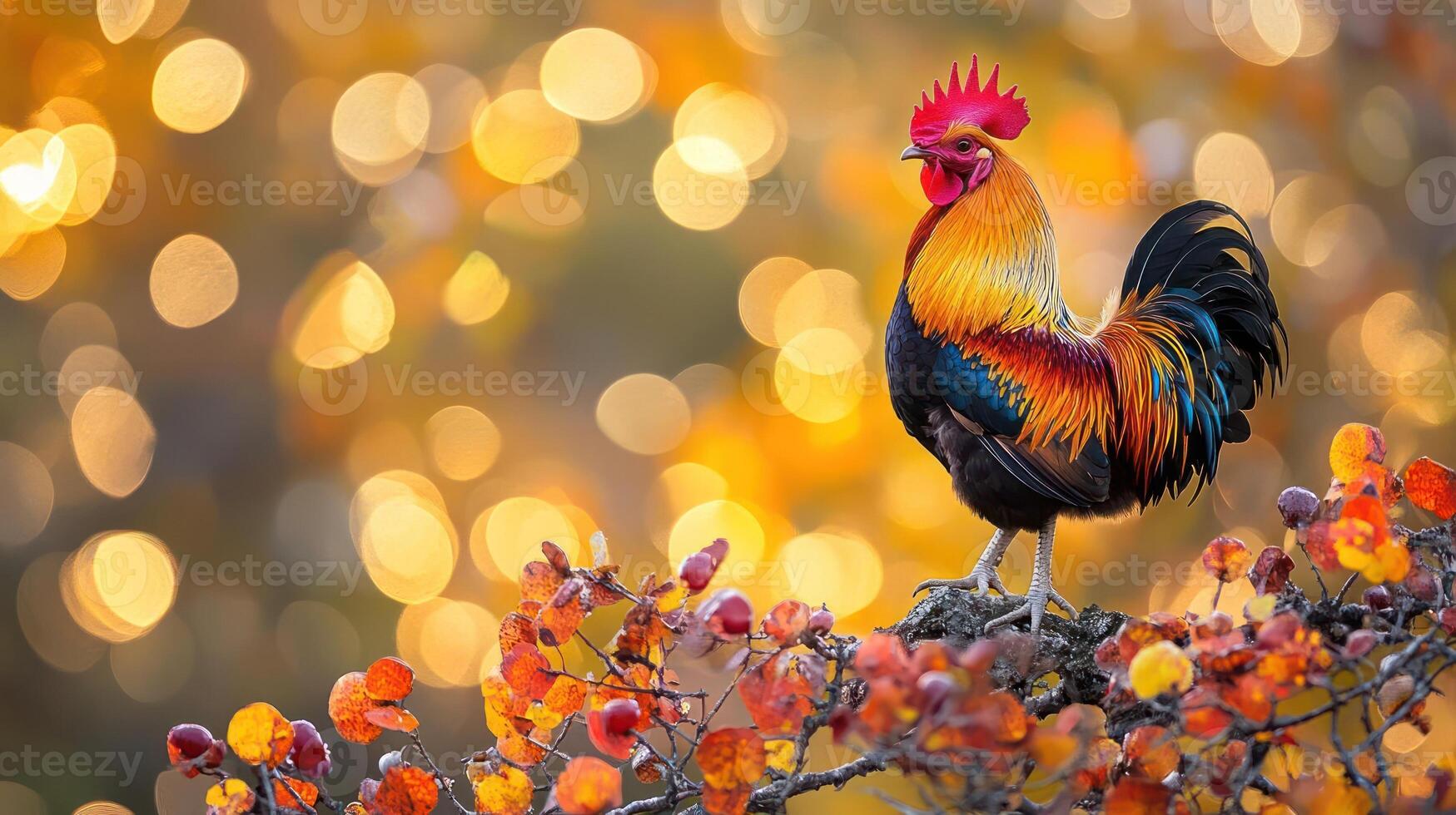 A colorful rooster perched on a branch with red leaves. photo