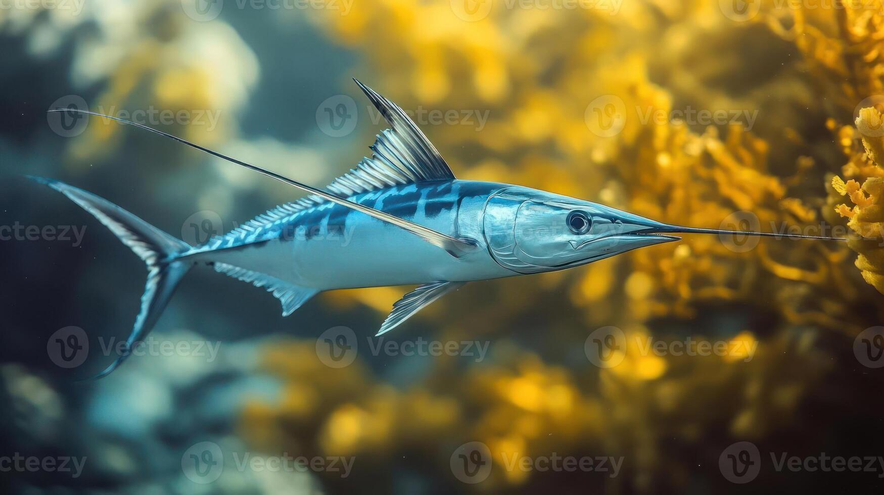 A blue fish with long fins and pointed nose photo