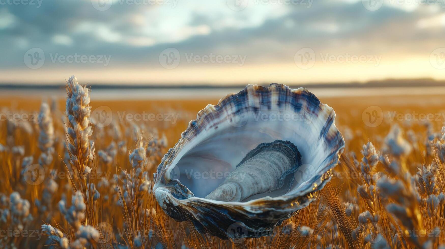 A serene sunset scene with an oyster shell in a field. photo