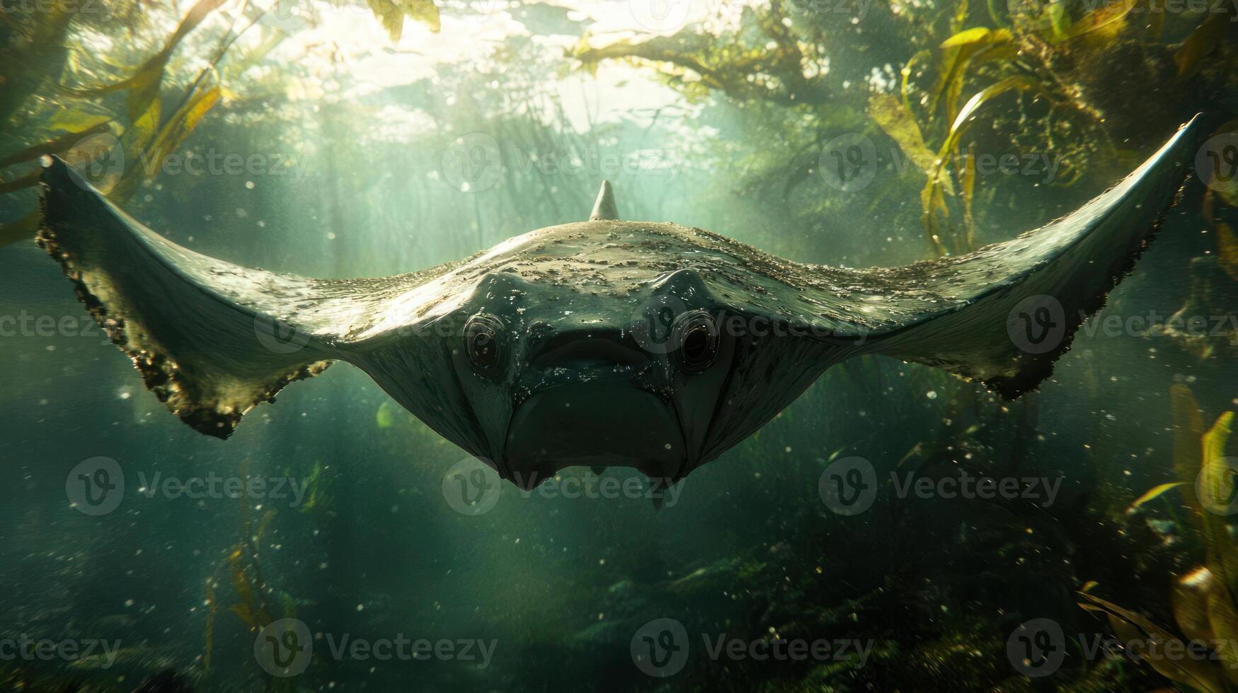 A large manta ray swims through a kelp forest. photo