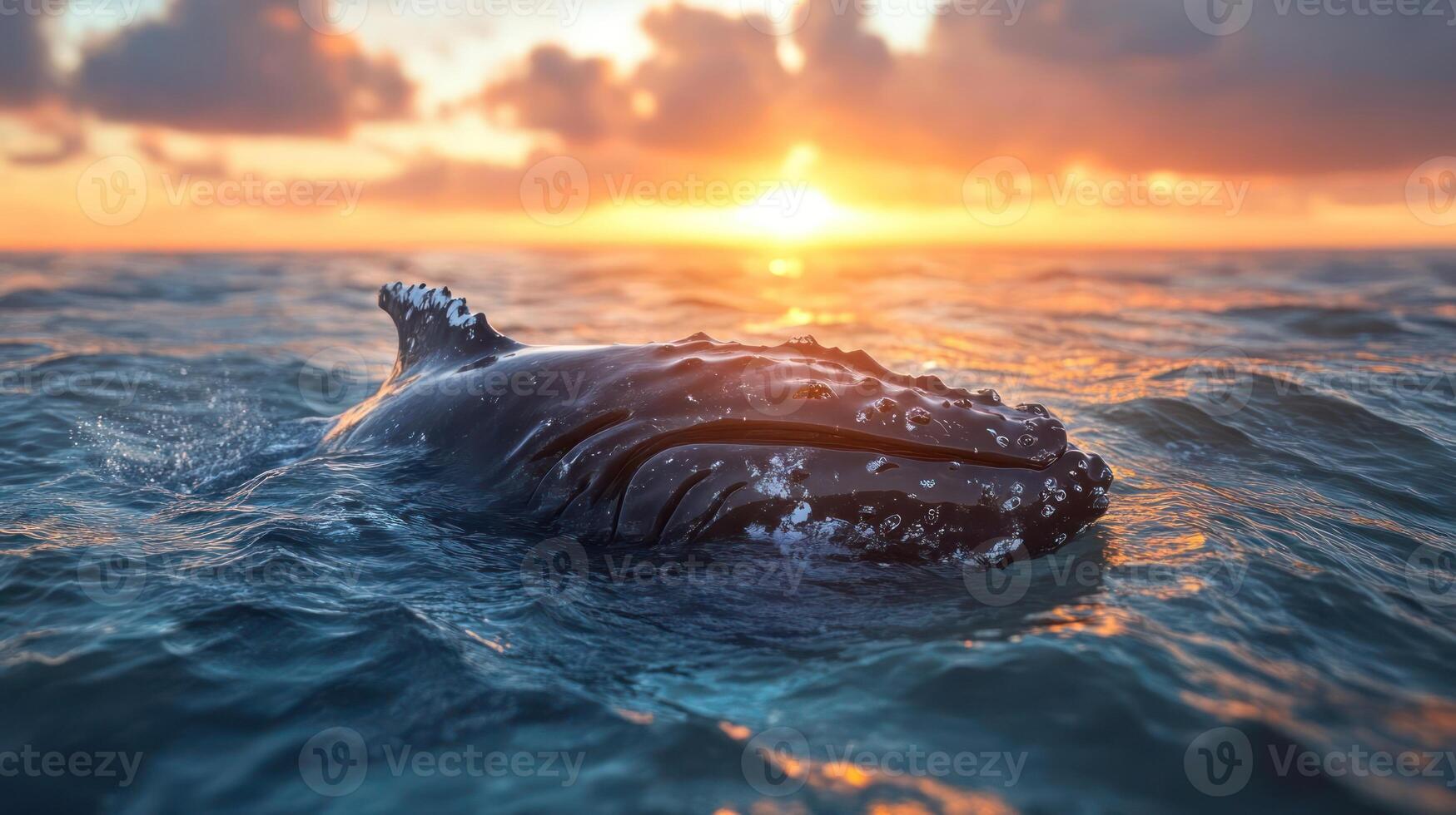 A majestic humpback whale swims at sunset. photo