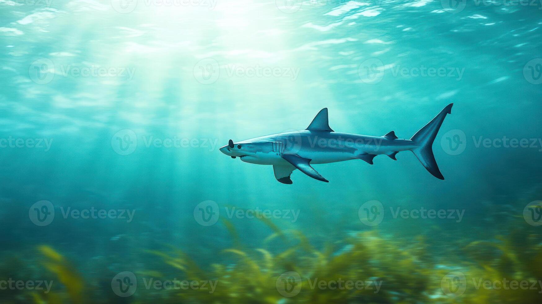 An underwater scene featuring a shark swimming above seaweed photo