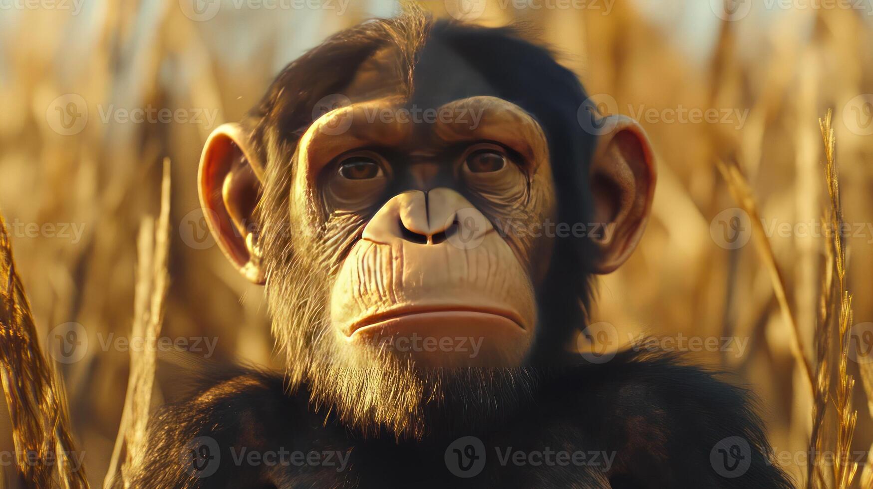 A close-up of a chimpanzee's face in its natural habitat photo