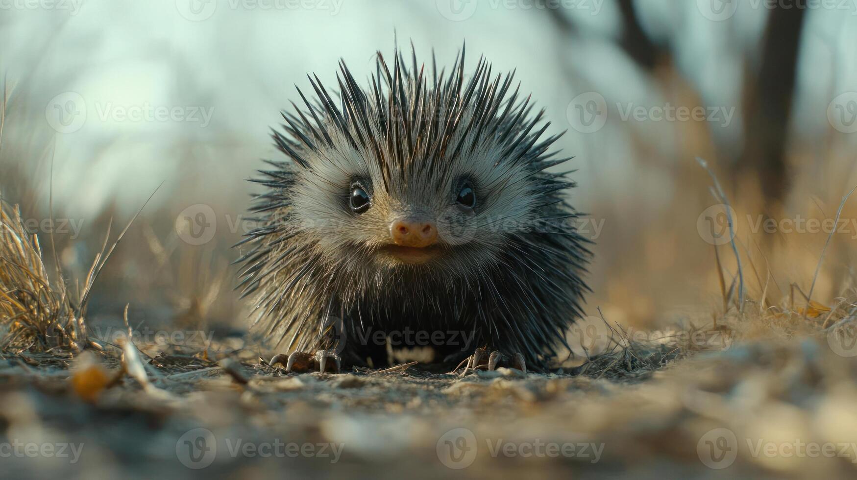 A small porcupine with a cute and curious expression. photo