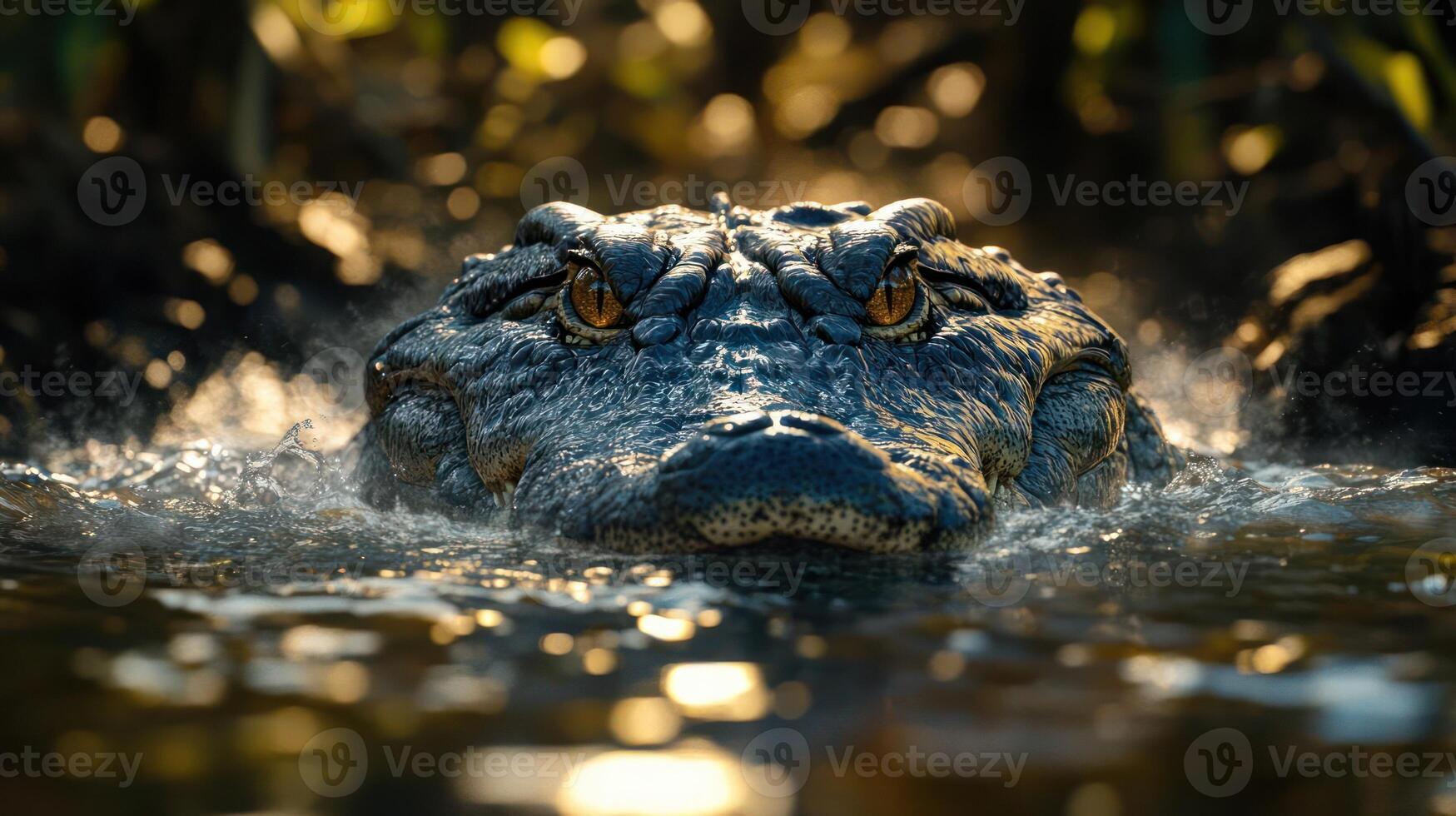 A close-up of a crocodile's face in water photo
