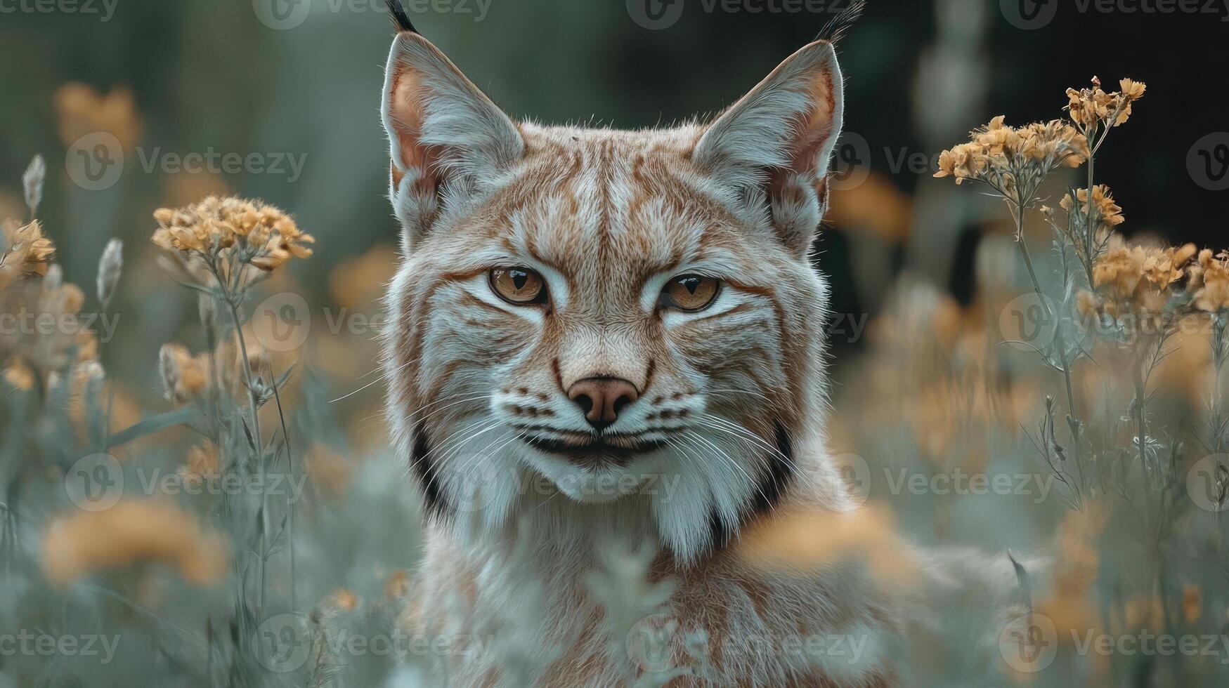 A close-up shot of a lynx in a grassy field photo