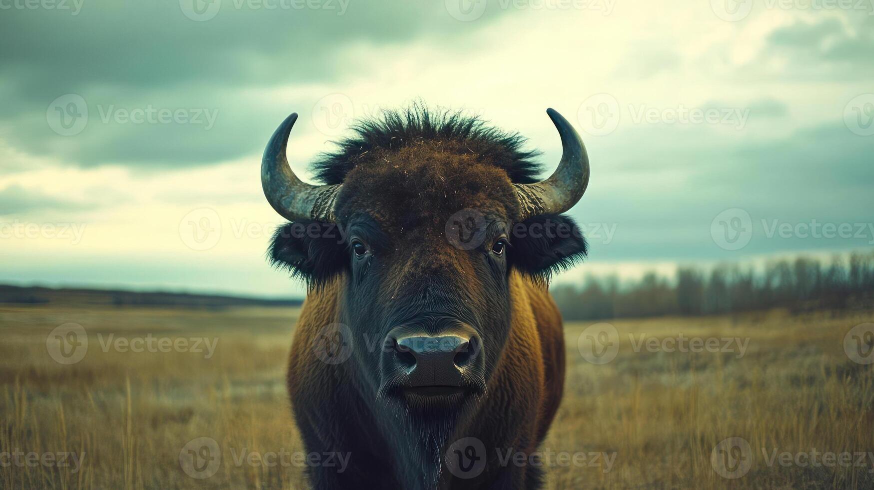 A large brown bison standing in a field photo