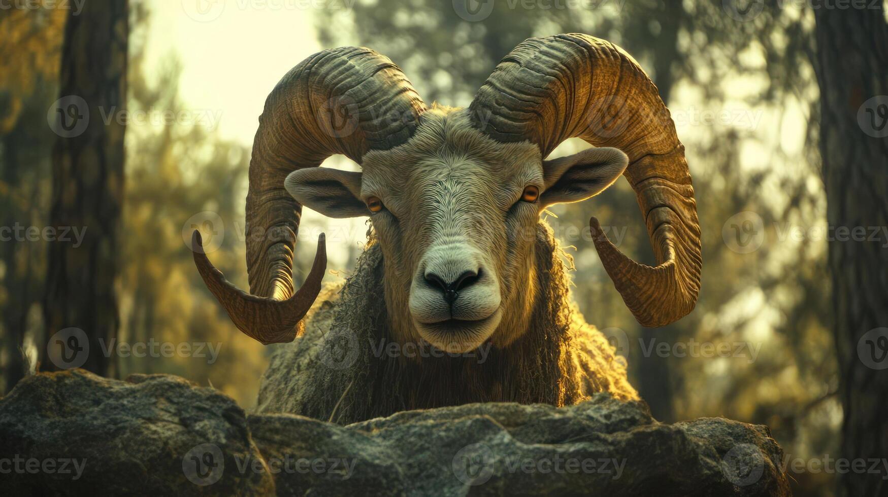 A close-up of a ram's head in a forest setting photo