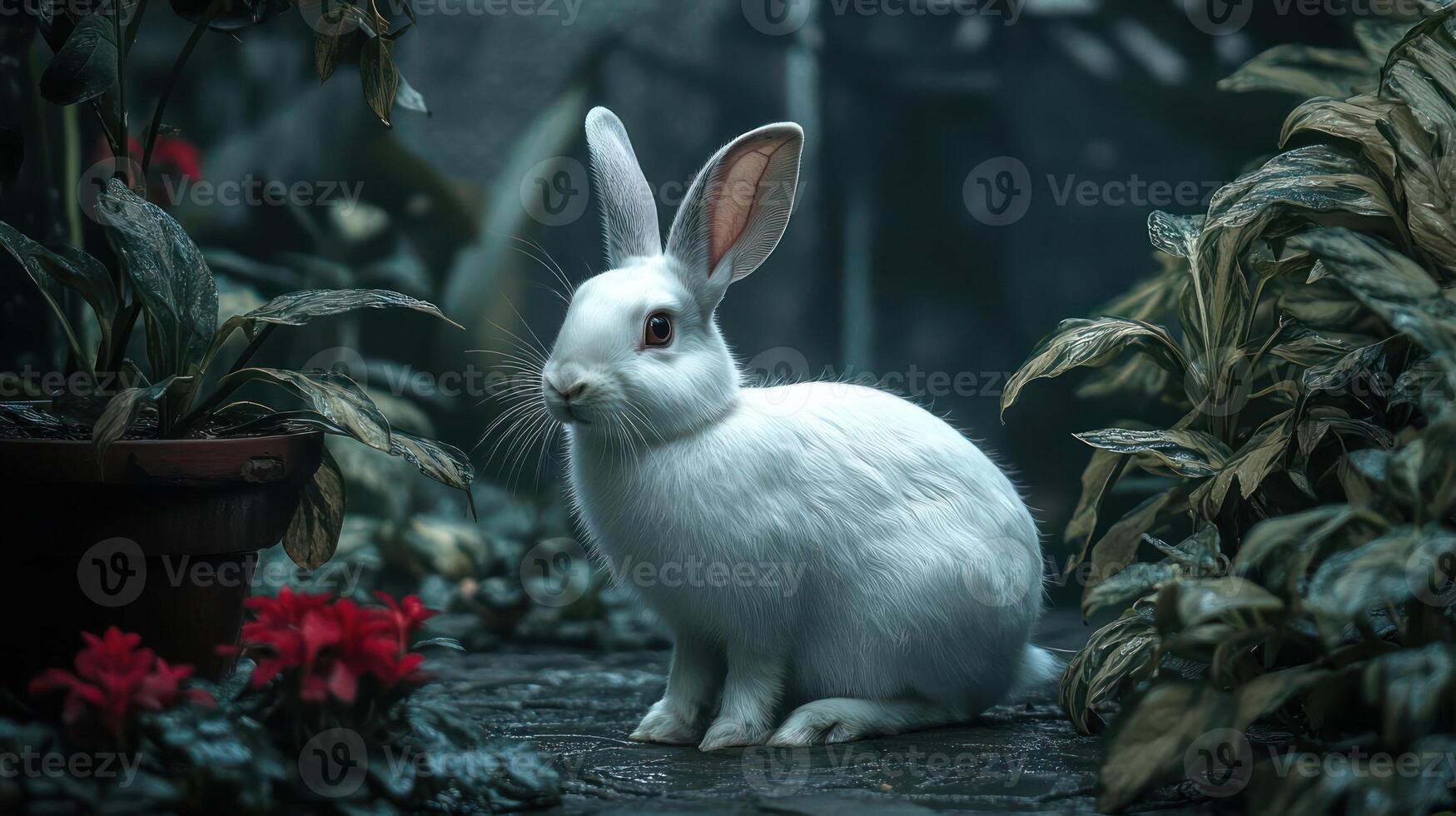 White rabbit sitting in a garden photo