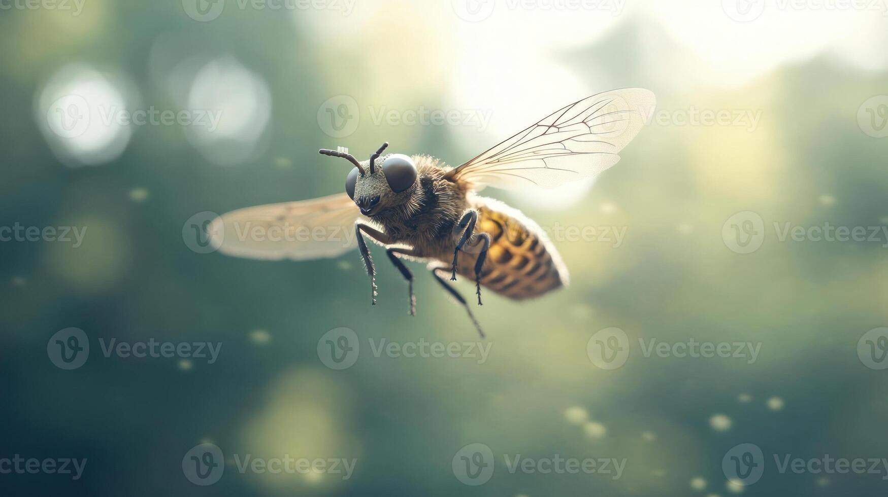 A close-up of a bee with large eyes and wings photo
