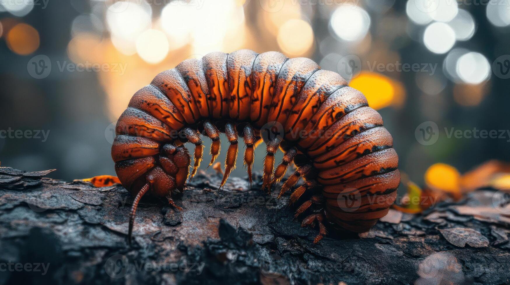 A close-up of a giant insect with centipede-like features on tree bark. photo