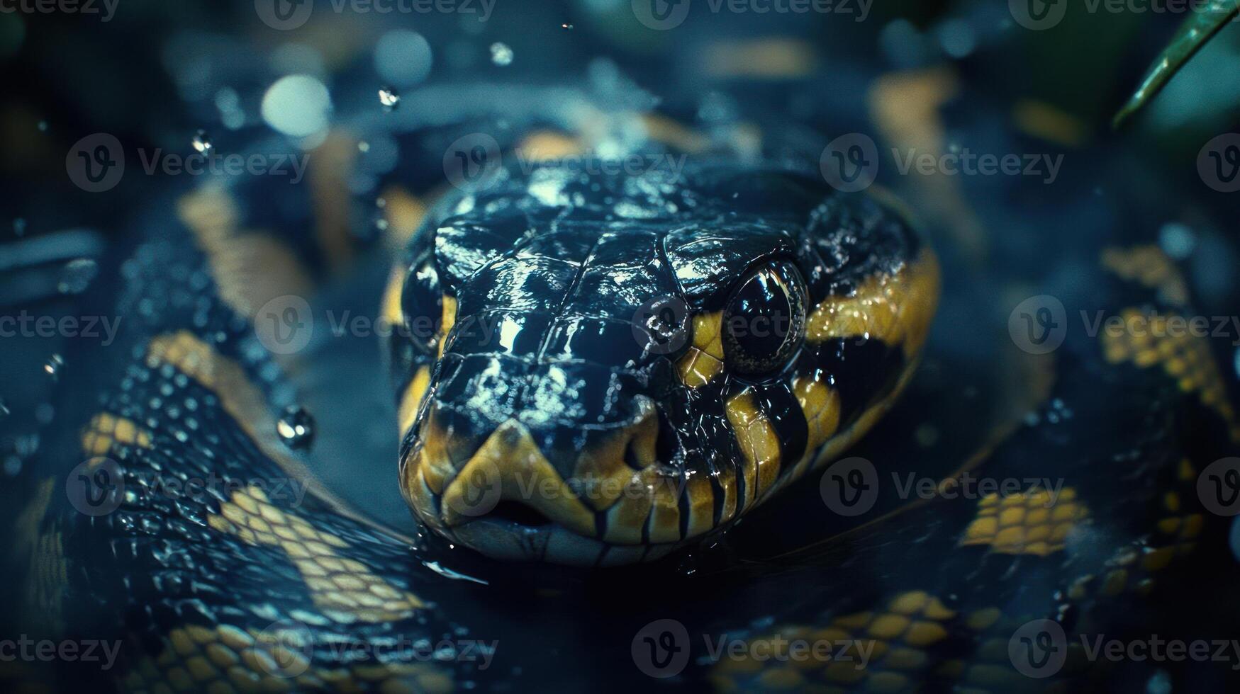 Close-up of a snake's head with yellow and black scales photo