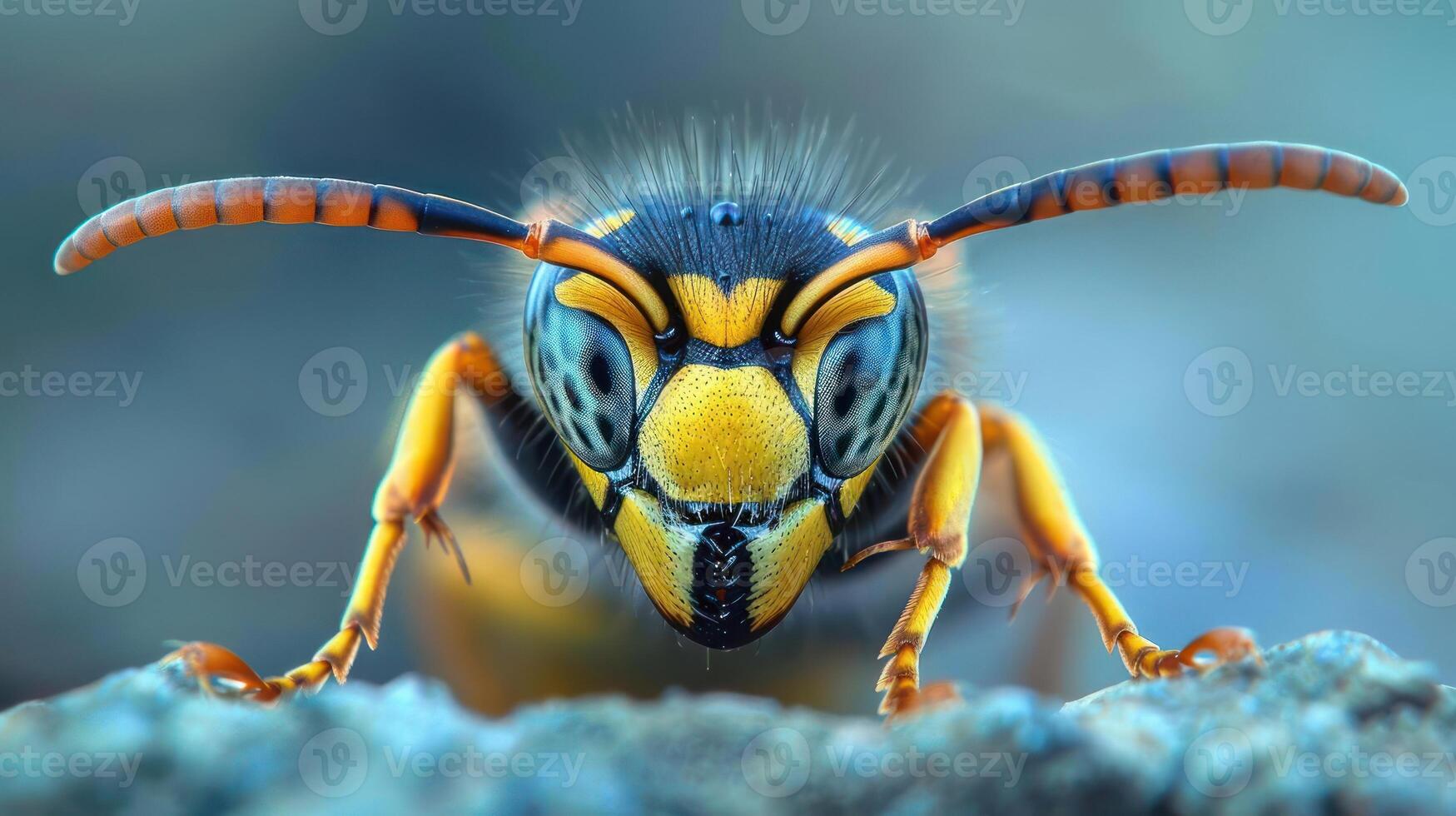 A close-up of a yellow and black wasp photo