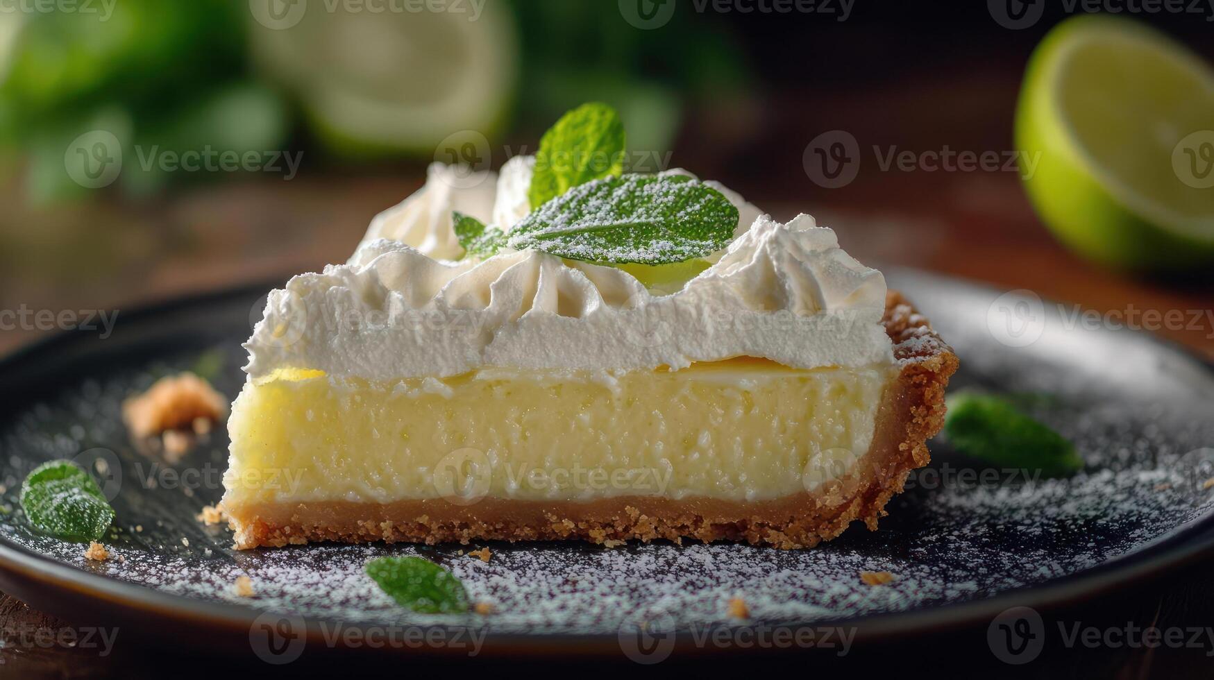 A slice of key lime pie on a black plate photo