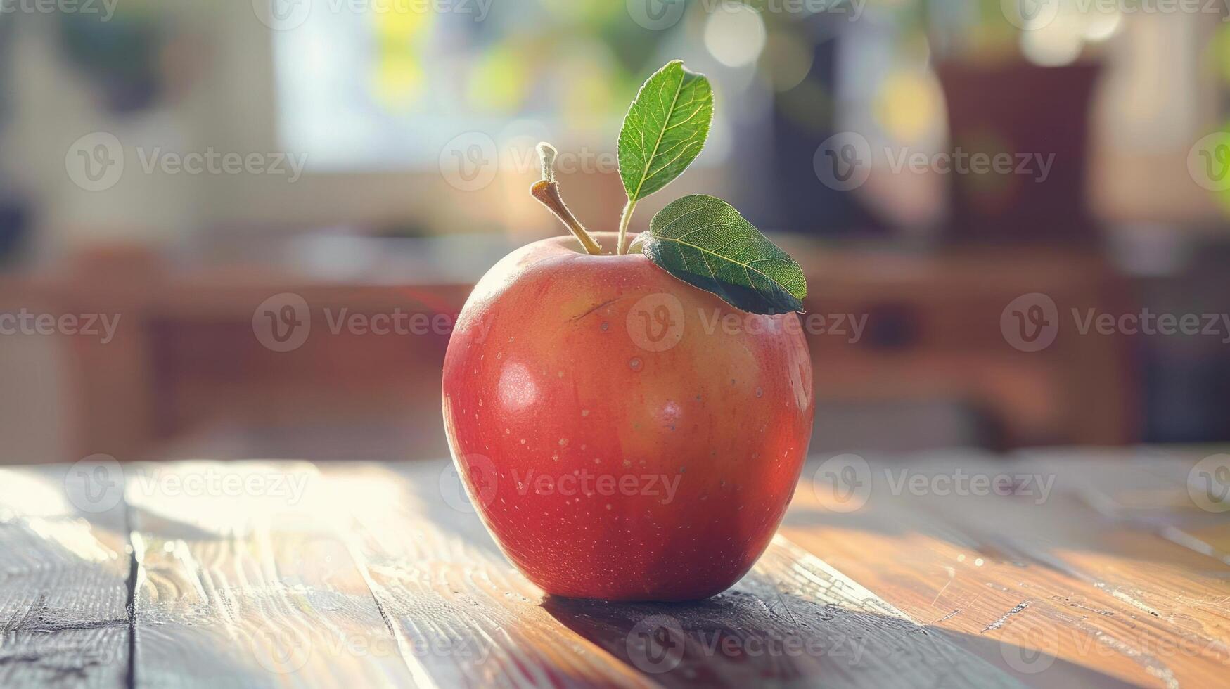An apple on a wooden table photo