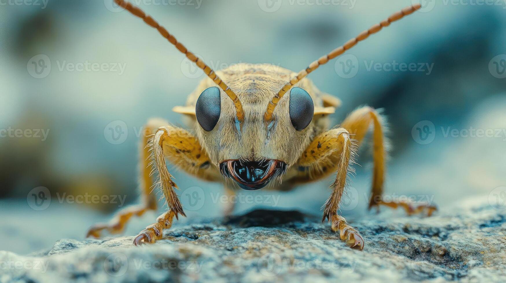 Close-up of a yellow grasshopper with large eyes and long antennae photo
