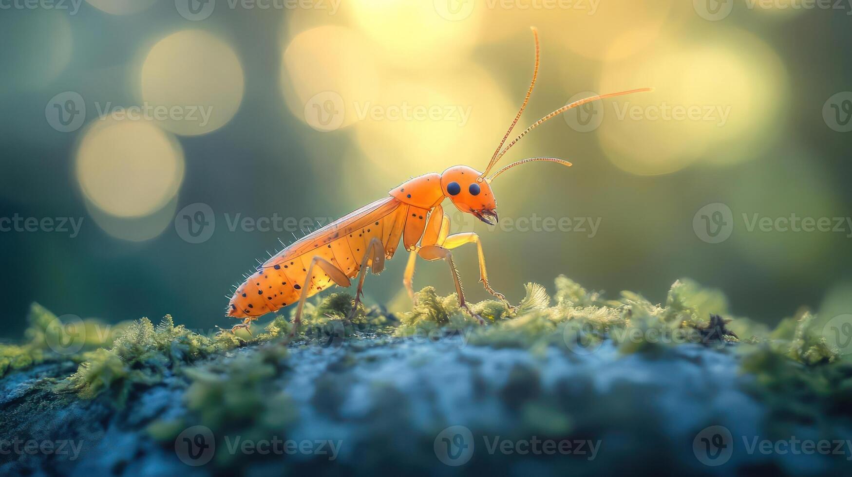 Insect on mossy rock under sunlight photo