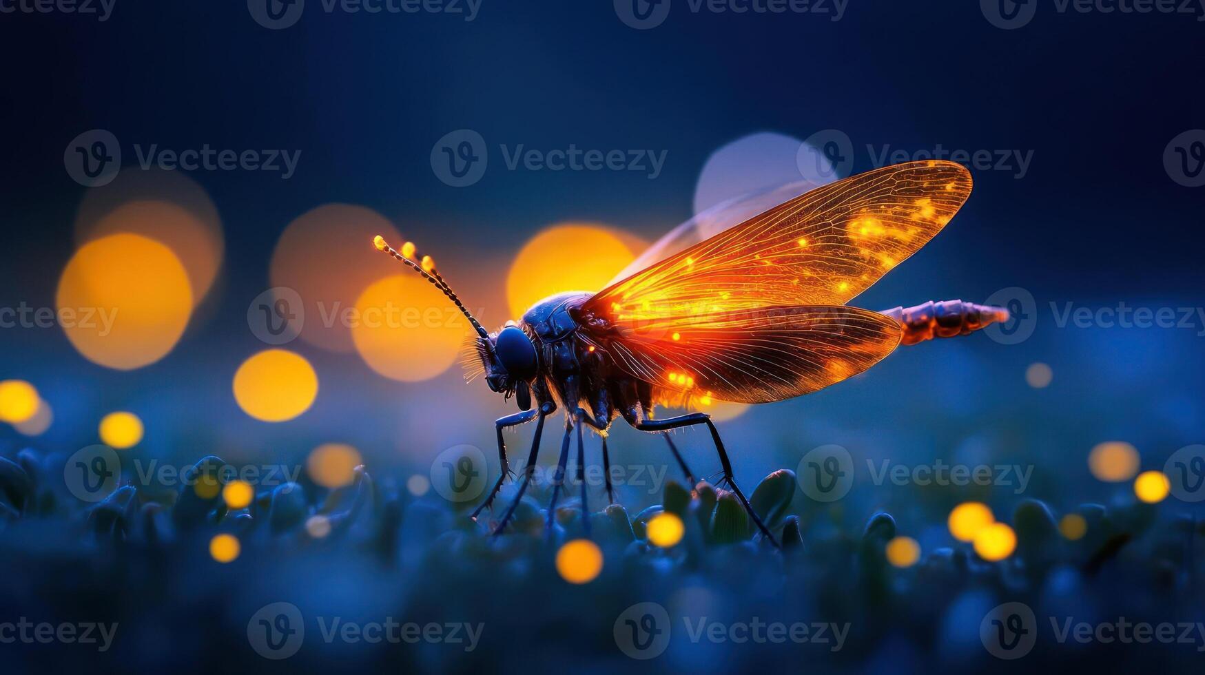 Macro shot of a firefly with glowing abdomen on grass photo