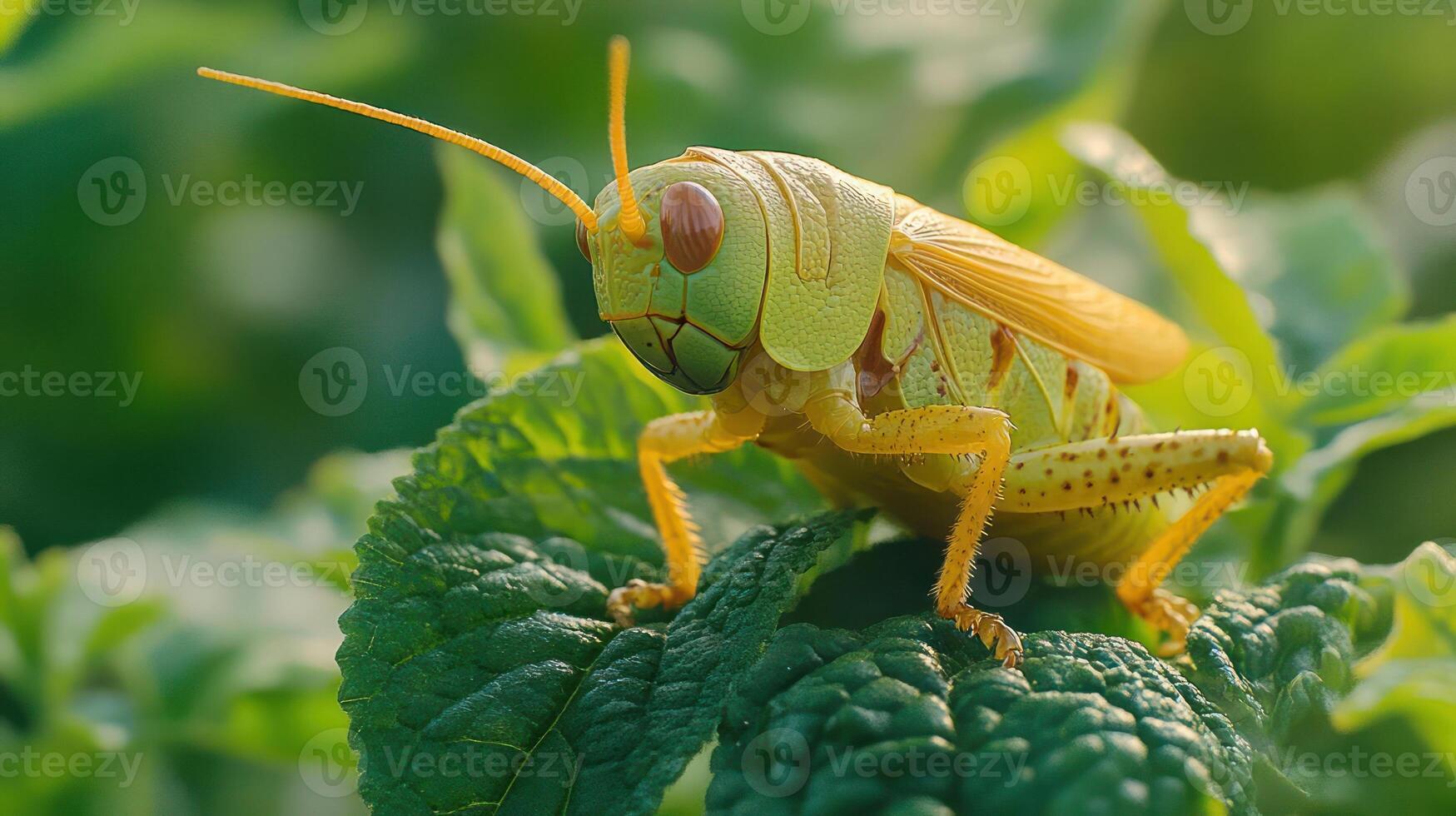 A close-up of a green grasshopper on a leaf. photo