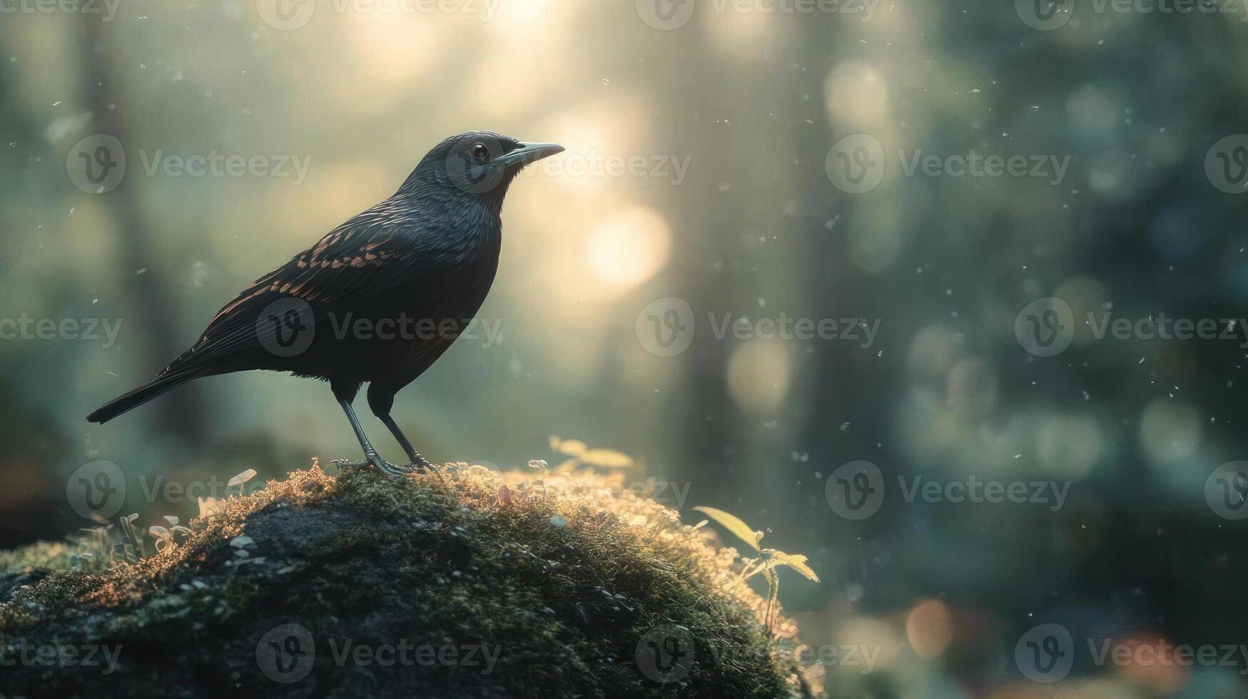 A black bird perched on a mossy rock in the forest. photo