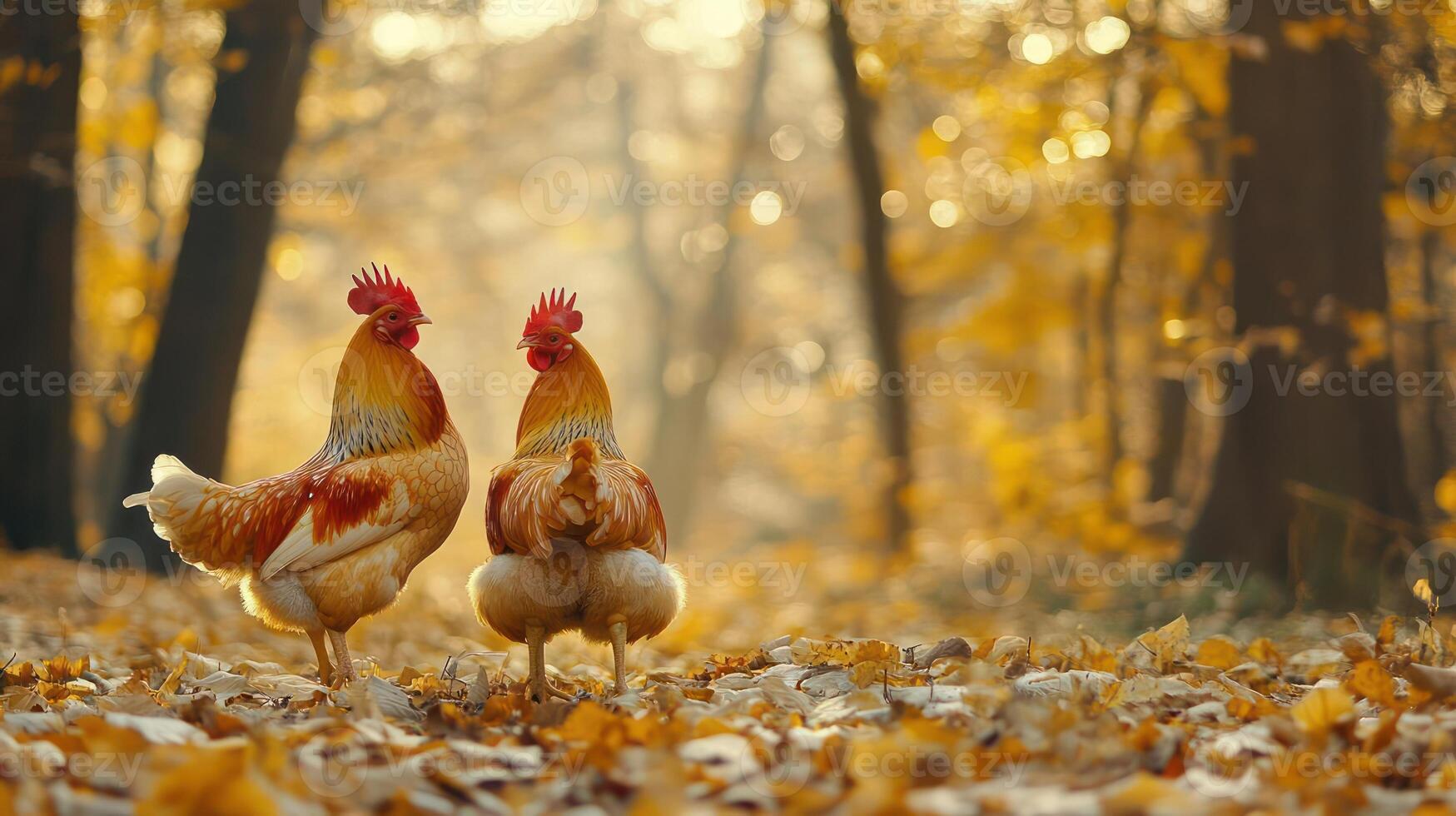 Two chickens stand amidst an autumn forest landscape photo