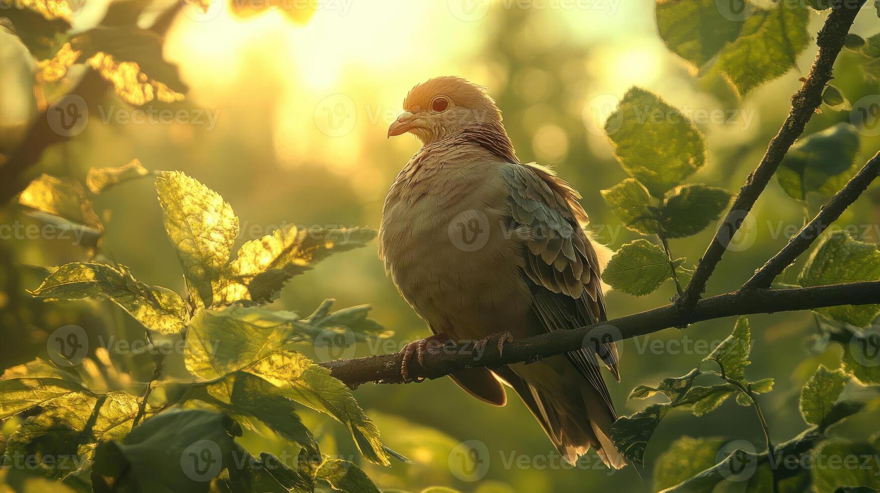 Bird perched on a branch surrounded by green leaves photo
