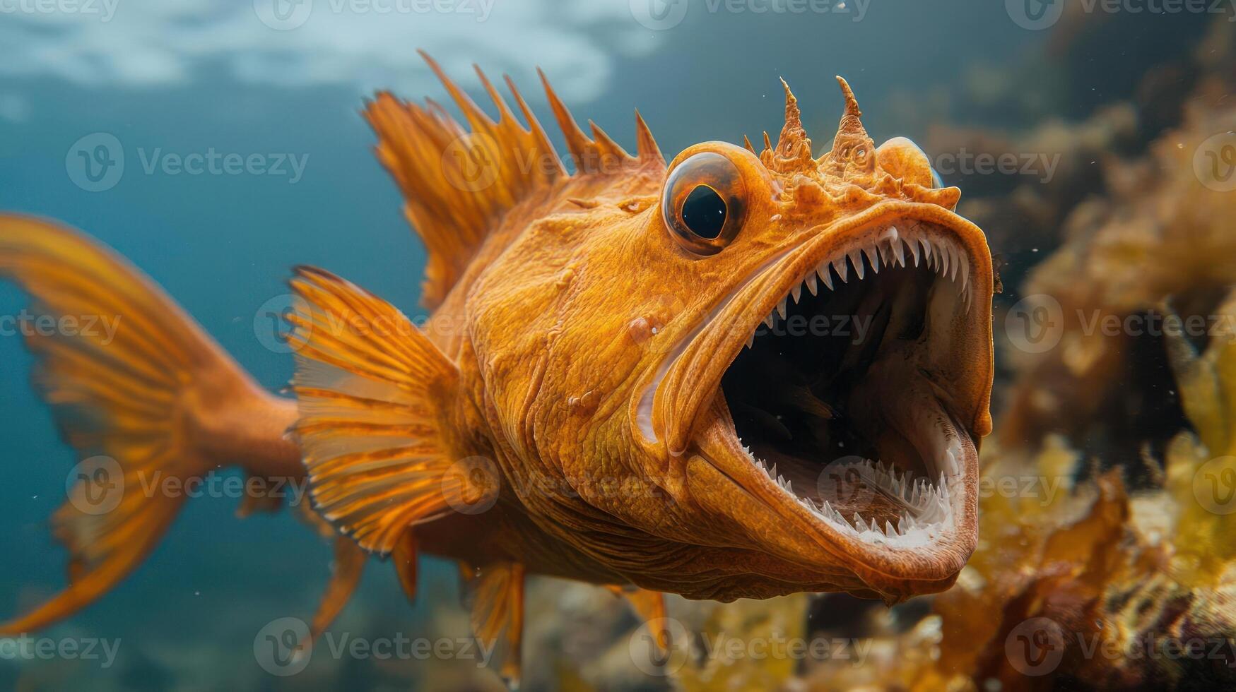Close-up shot of a vibrant orange fish with sharp teeth photo