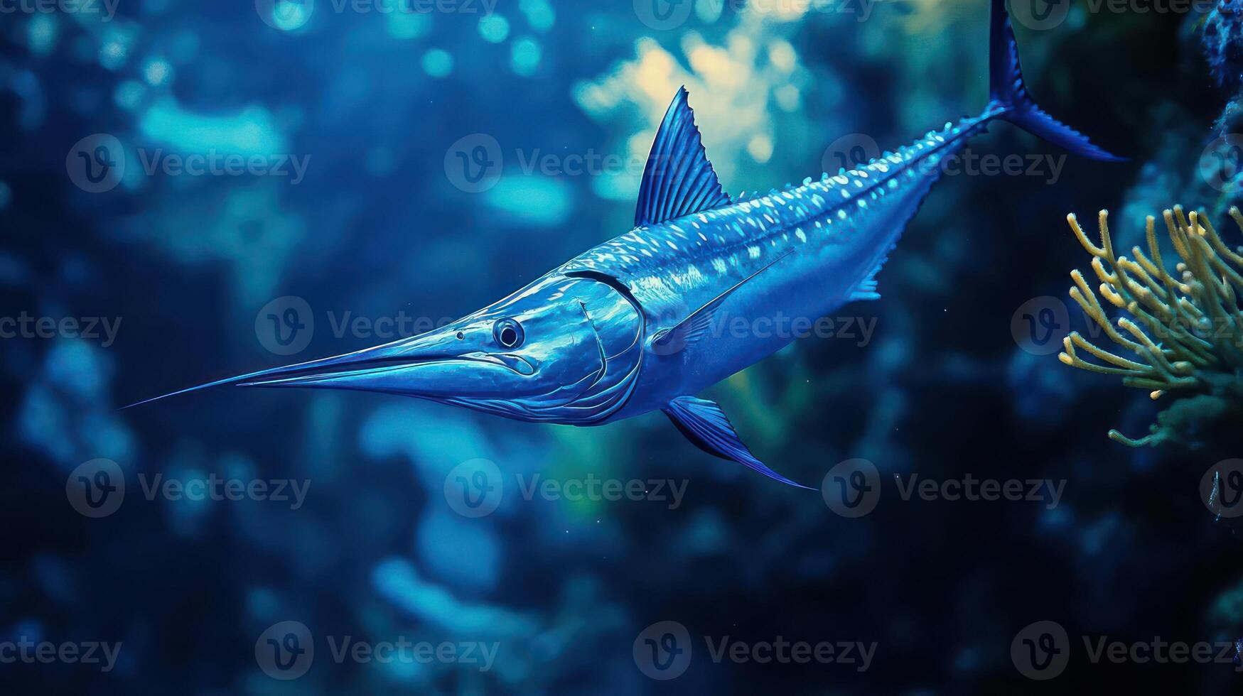 A large fish with a long bill and sharp teeth. photo