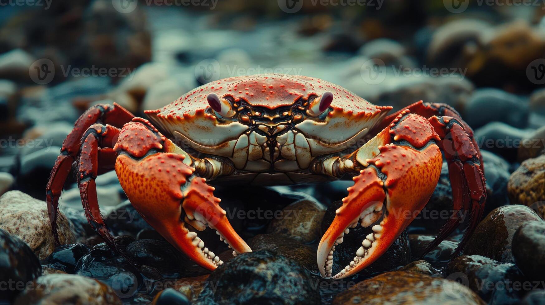 A close-up of a red crab on rocks. photo