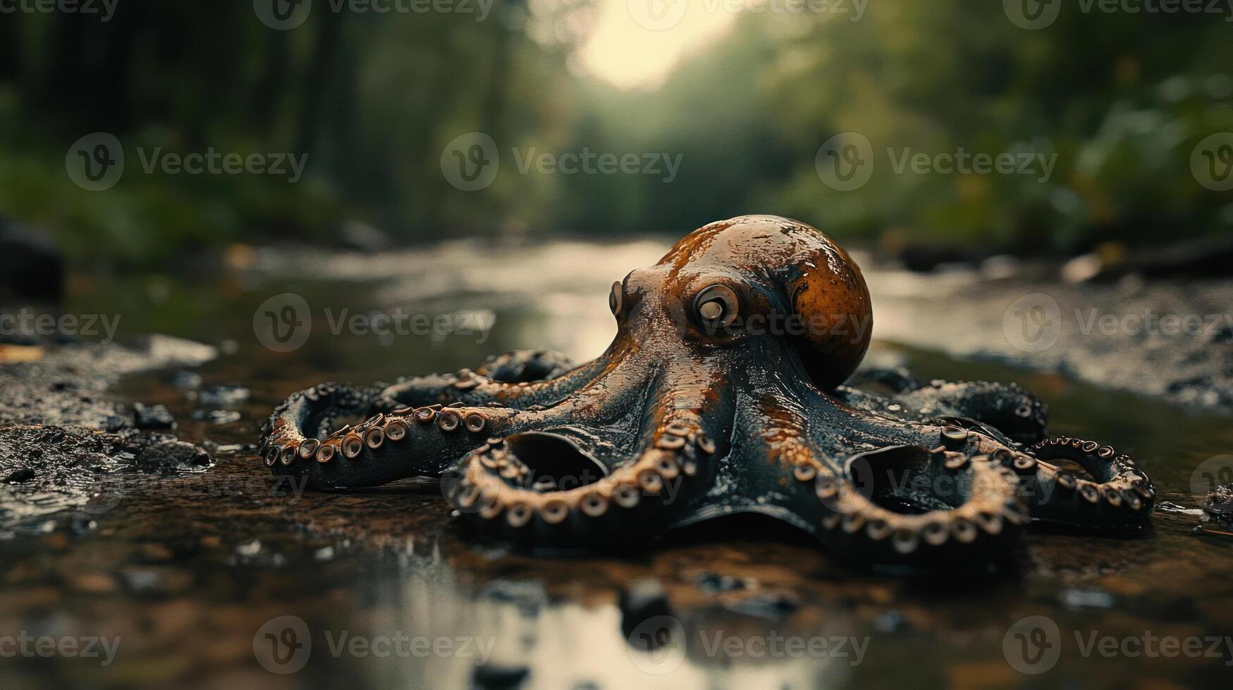 An octopus on a rocky beach during sunset. photo