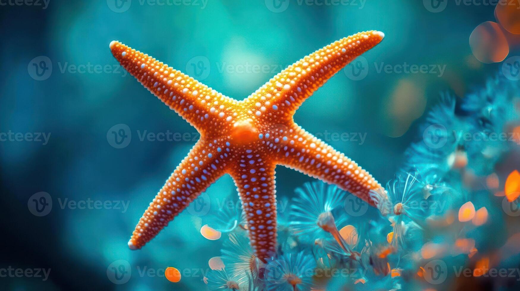 A vibrant orange starfish with five arms against a blue background photo