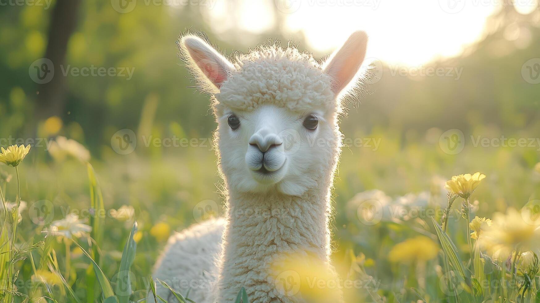 A close-up of an alpaca in a field with yellow flowers. photo